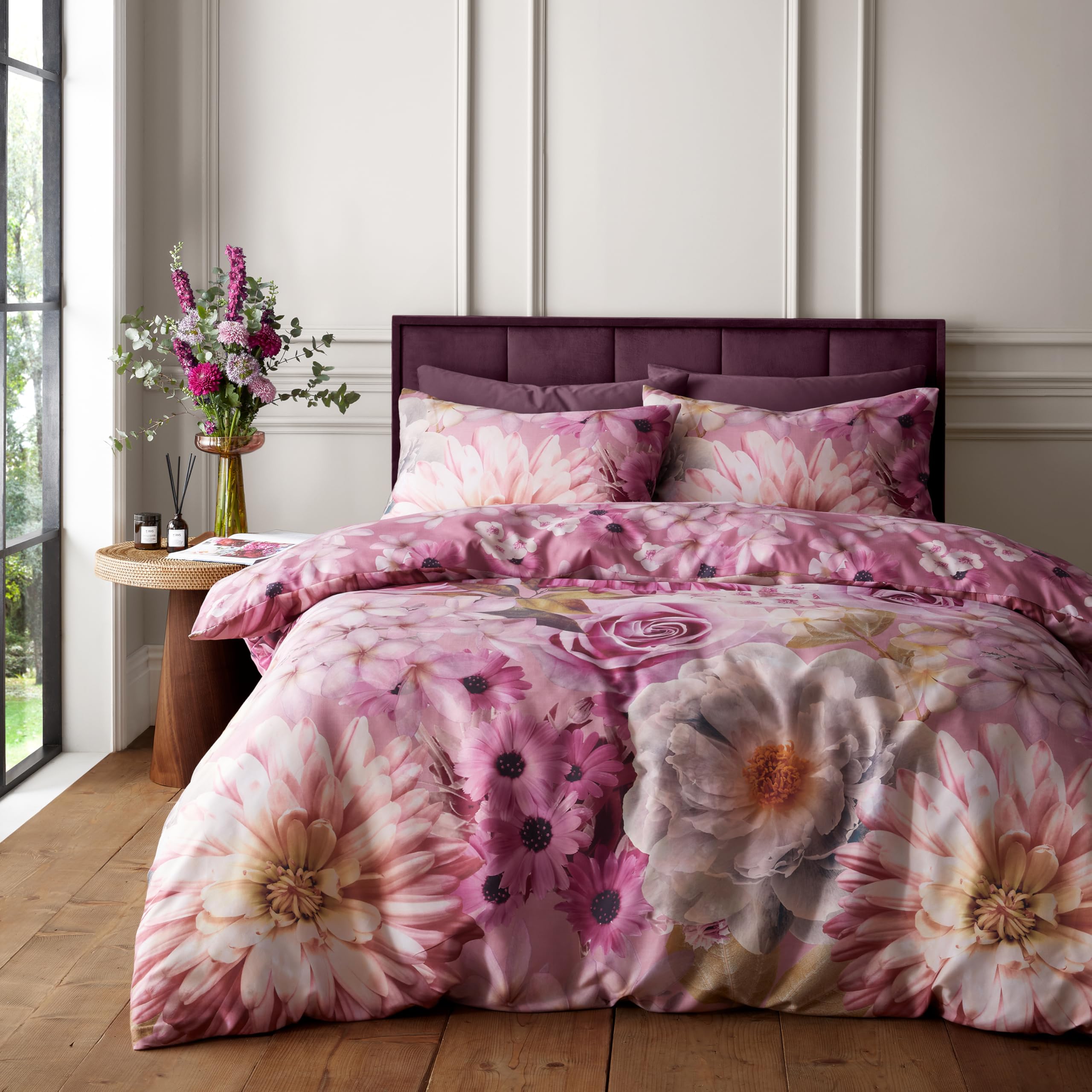 Catherine Lansfield RHS x Rosemoor Floral So Soft Super King Duvet Cover Set with Pillowcases Pink