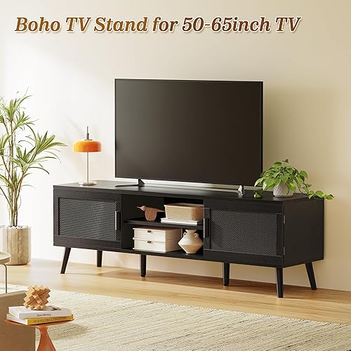 Miniatura 2 de SUPERJARE Soporte de TV para TV de 65 pulgadas, centro de entretenimiento con estante ajustable, consola de TV con 2 gabinetes, consola multimedia,