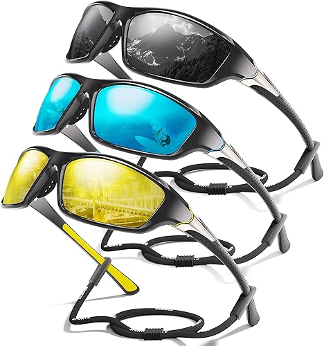 Miniatura 21 de Paquete de 3 lentes de sol deportivos polarizados para hombres, gafas de sol masculinas envolventes con protección UV para ciclismo, pesca y