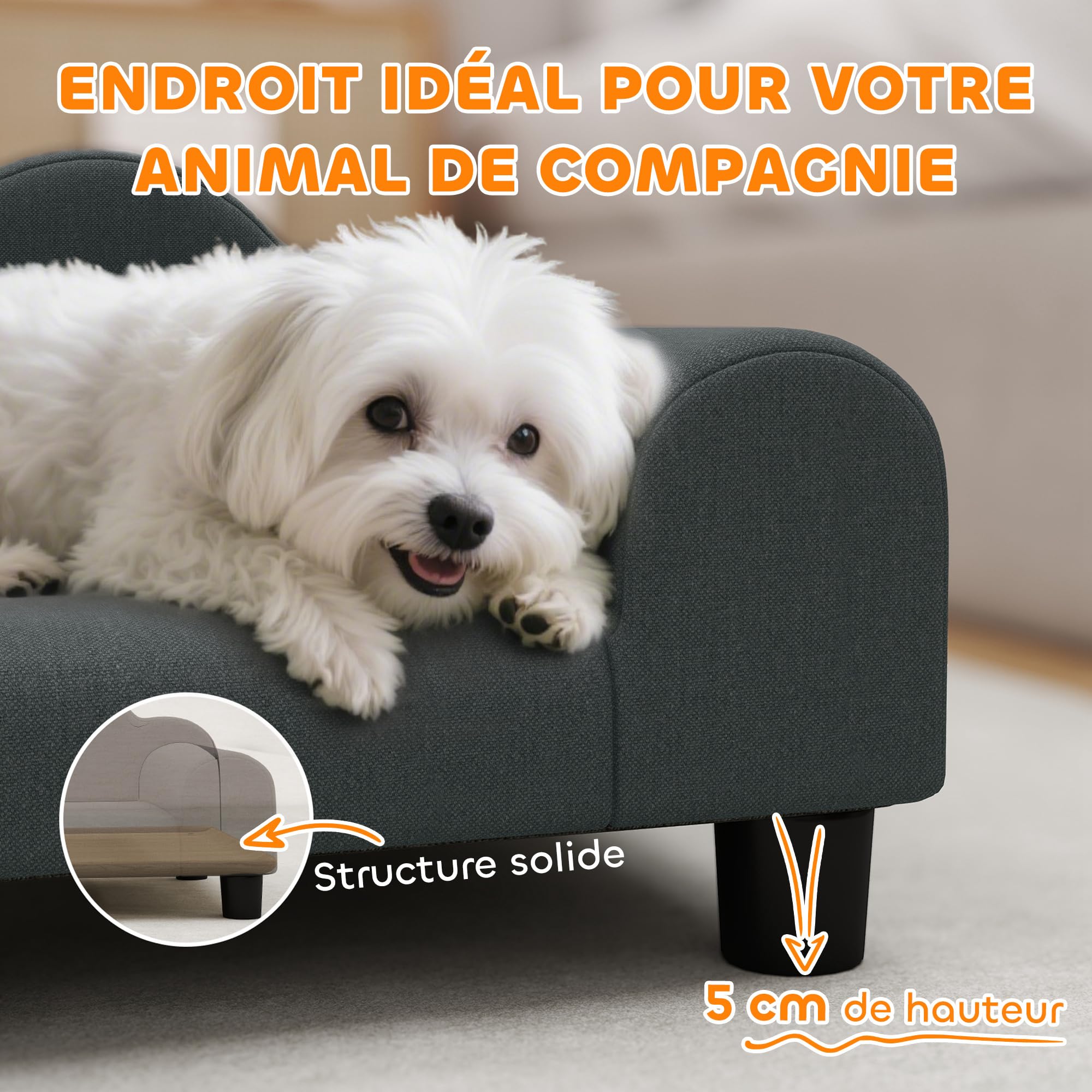 PawHut Canapé pour Chien, canapé pour Animal de Compagnie avec Dossier et accoudoirs, Respirant, pour Petits Chiens d'intérieur, 66 x 42 x 28,5 cm, Gris foncé