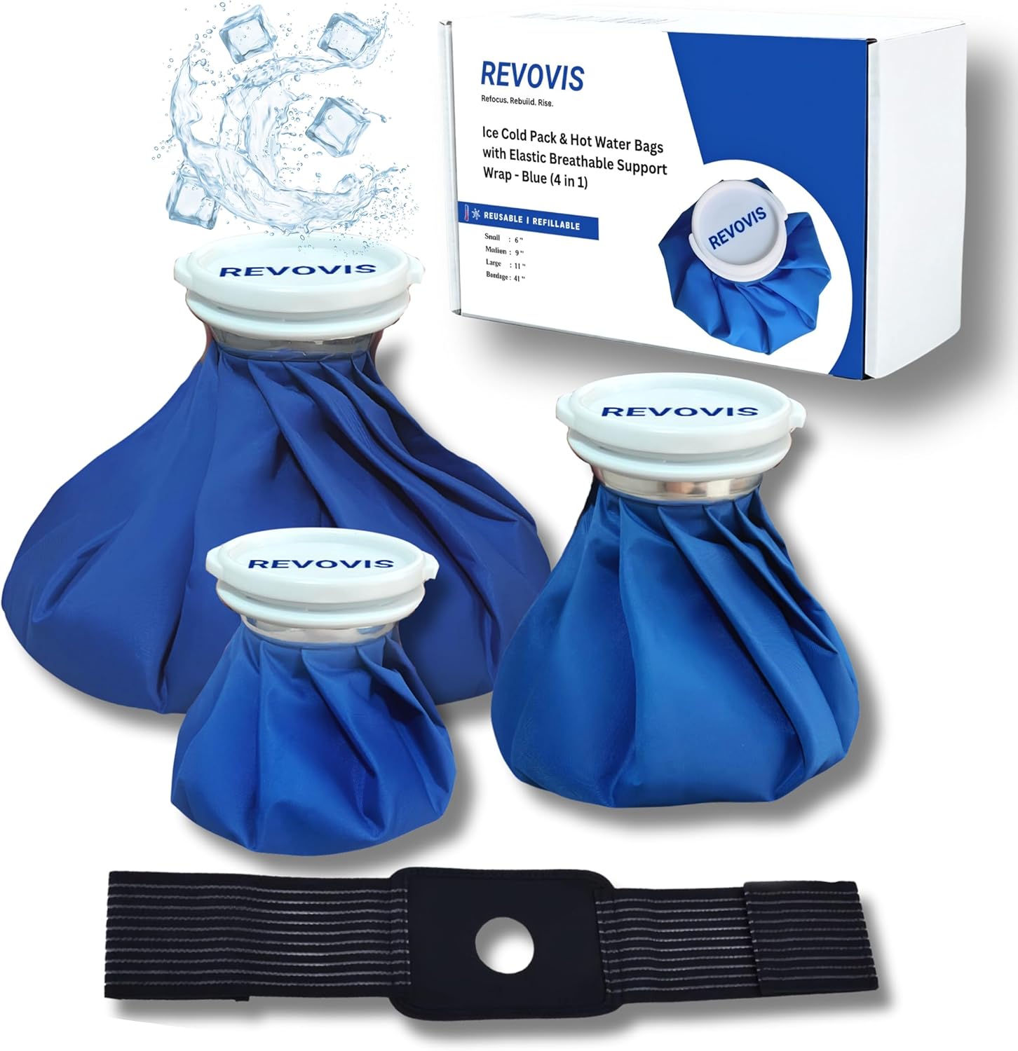 Ice Cold Pack Reusable Ice Bags Hot Water Bag for Injuries, Hot & Cold Therapy and Pain Relief with Elastic Breathable Support Wrap, 4-Pack, 3 Sizes (6″/9″/11″) For Hot Therapy is 60℃ (4 IN 1)