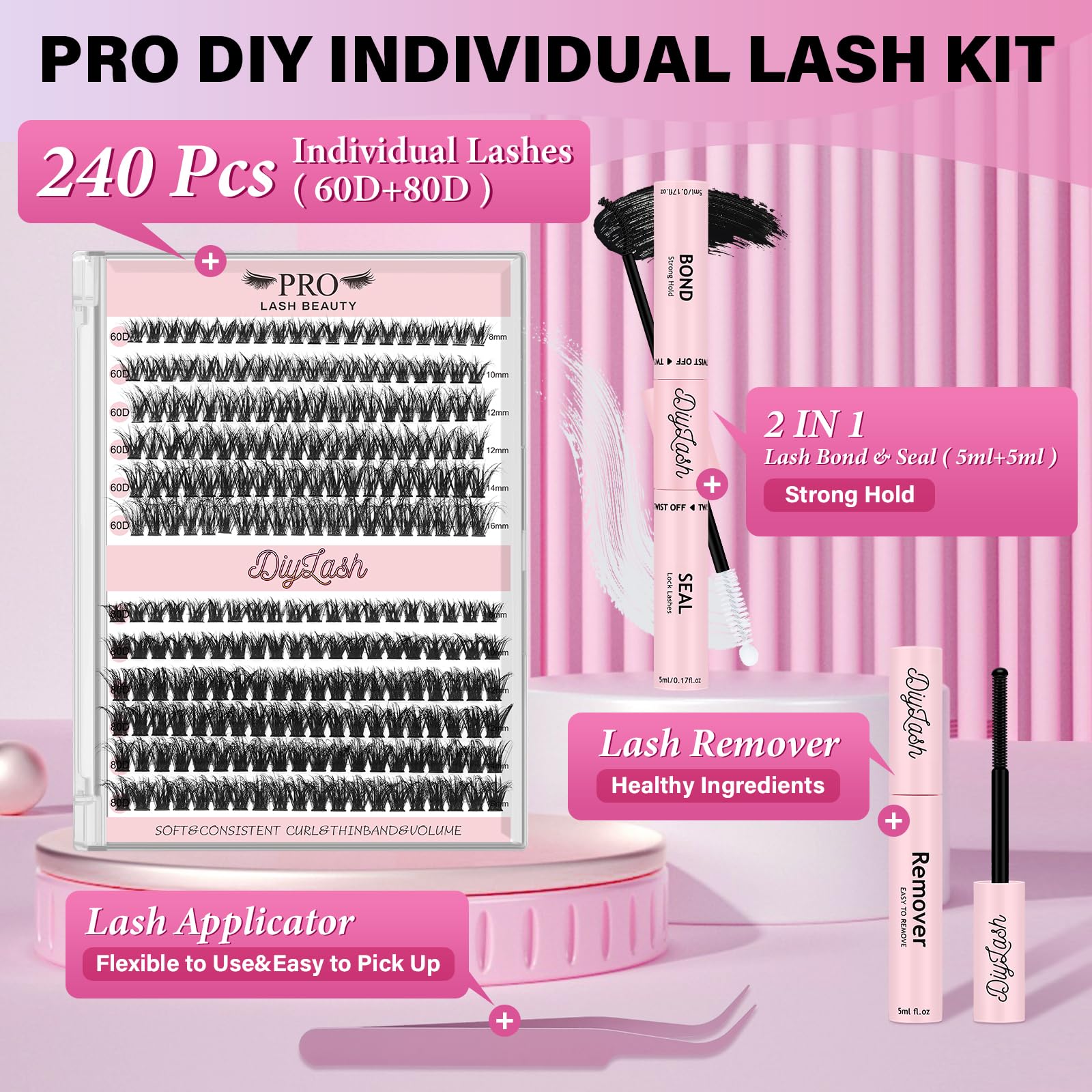 240 Pcs Cluster lashes Kit with 3D Lash Clusters Lash Bond and Seal Lash Tweezers DIY Cluster Eyelash Extensions Kit Easy to Apply at Home (60D+80D-D-8-16mix Kit) - Image 2