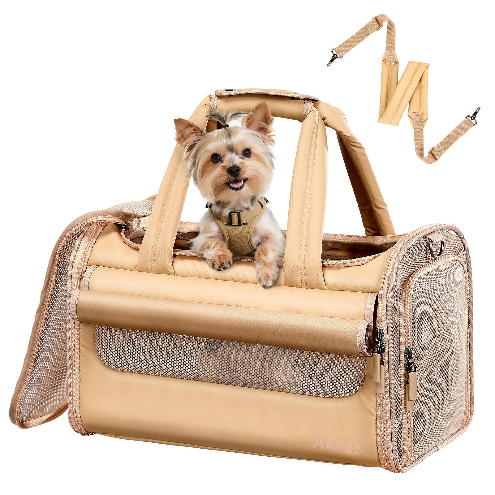 Sac de Transport Chat Petit Chien Avion Homologué avec Ceinture Auto, Coussin Anti-Poils, Lavable, Mesh Anti-Griffure, Pliable, Cuir Imperméable, Aéré, 3 Poches, Portable pour Voyage Train Véto