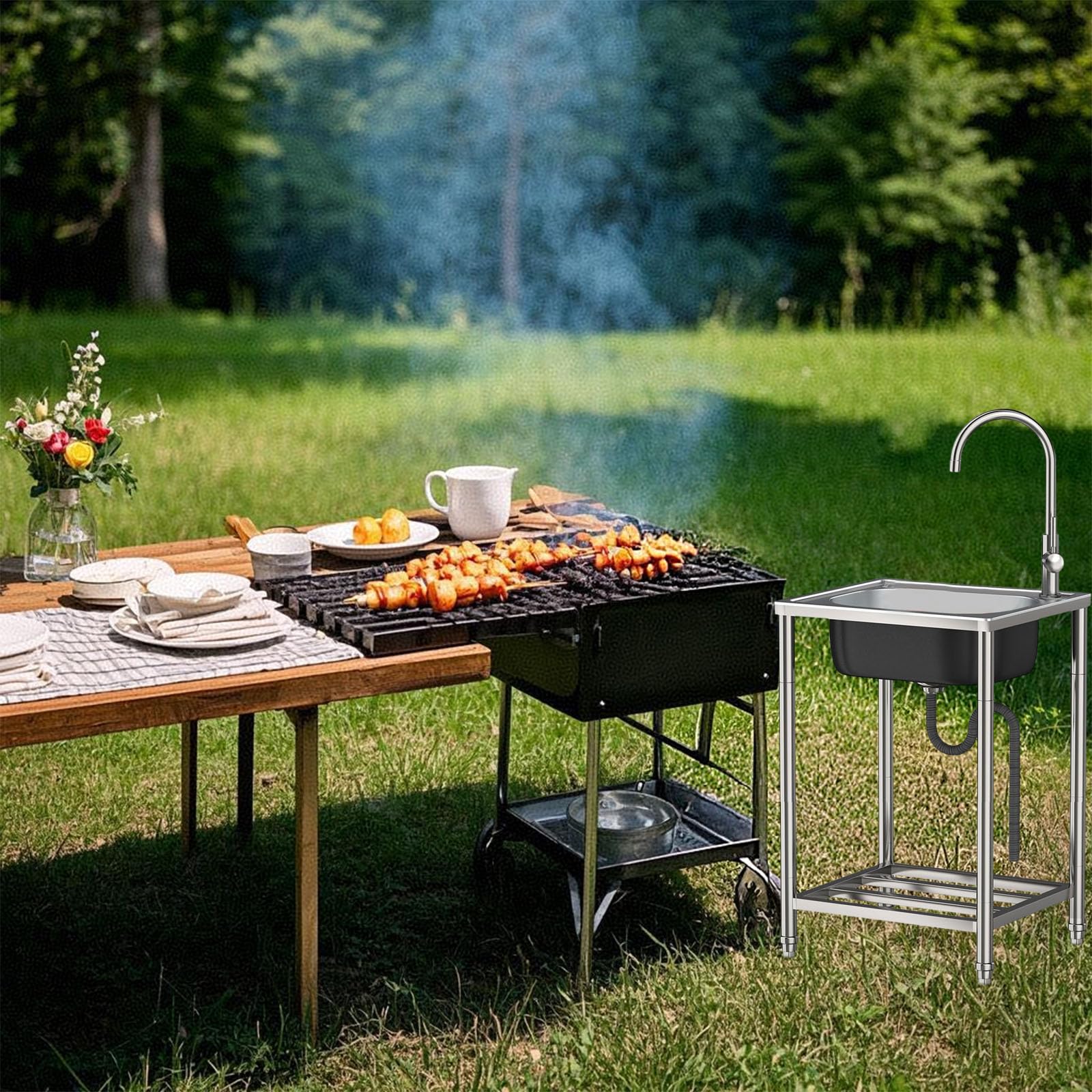 Gastro - Lavabo indipendente in acciaio inox, 33 x 38 x 82 cm, con rubinetto, dispositivo di scarico, per piantare fioriere e vasi, pulizia attrezzi da giardino