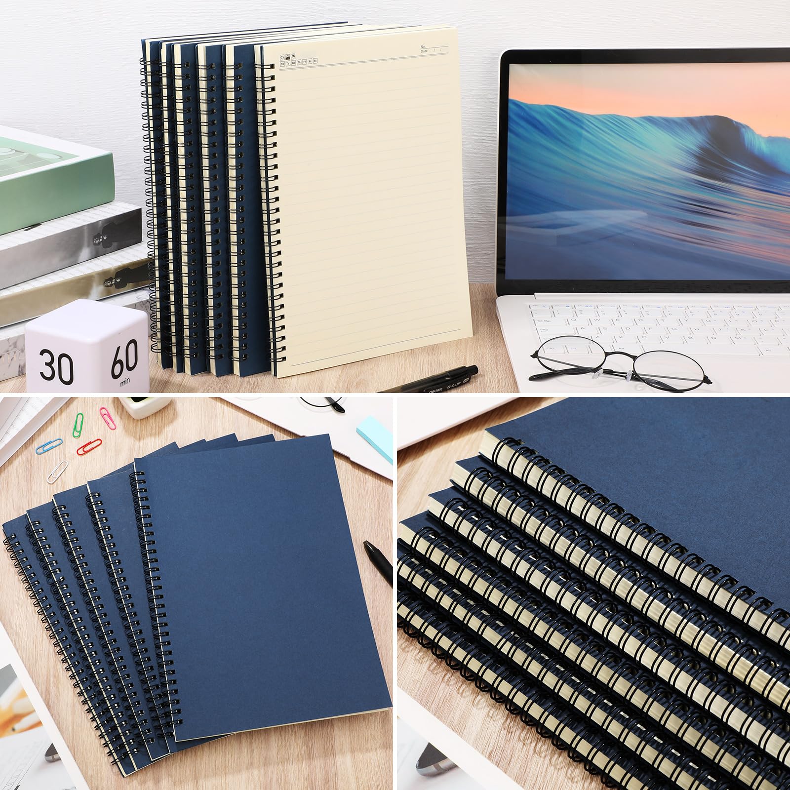 Paquete de 6 cuadernos en espiral B5, papel rayado en espiral, 70 hojas, 140 páginas, cuaderno en espiral de alambre de 10.5 x 7.3 pulgadas, cuaderno de notas de tapa dura, cuaderno de bocetos para