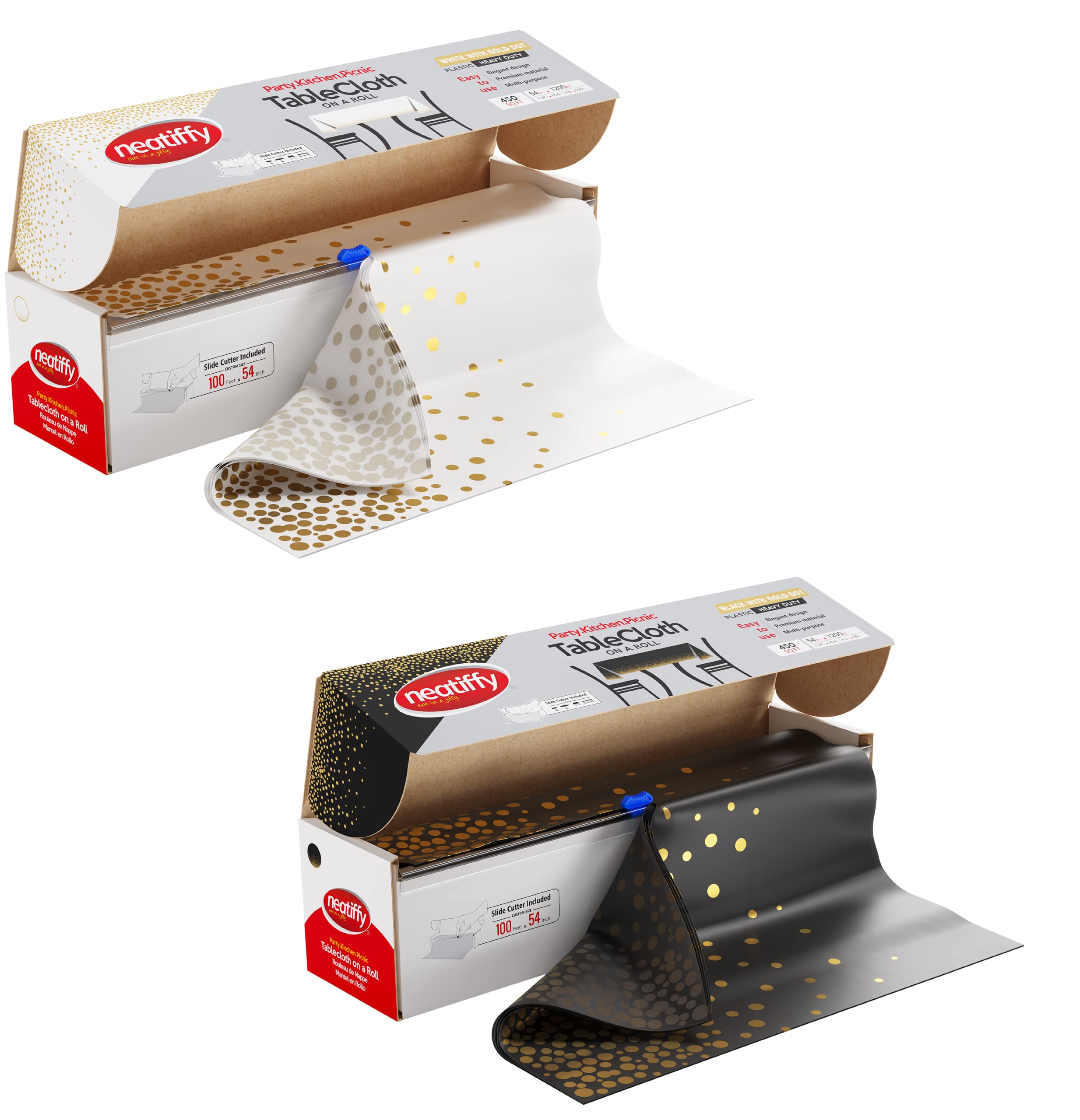 Neatiffy 54 in x 100 Ft - Disposable Plastic Table Cloth Roll with Slide Cutter | Waterproof Cover for Rectangle, Square, Oval Tables | Picnic, Party, Birthdays, Weddings - White & Black Golden Dots