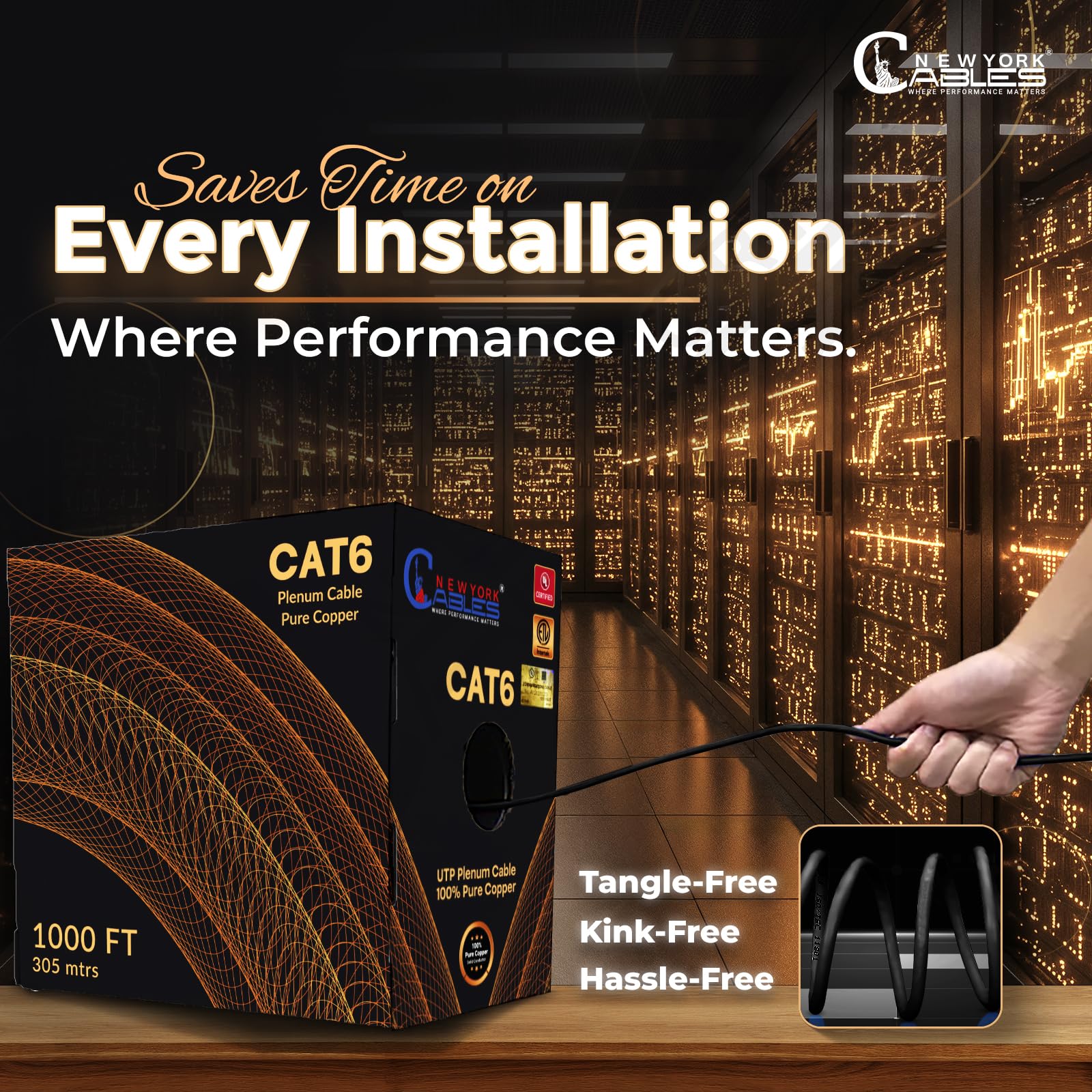 NewYork Cables Cavo Plenum CAT6 da 304,8 m, nero, certificato UL e ETL, 100% rame puro, UTP, 550 MHz, 23AWG, 4 paia da 10 GB, PoE++ | Cavo Ethernet Cat 6 ignifugo certificato Plenum