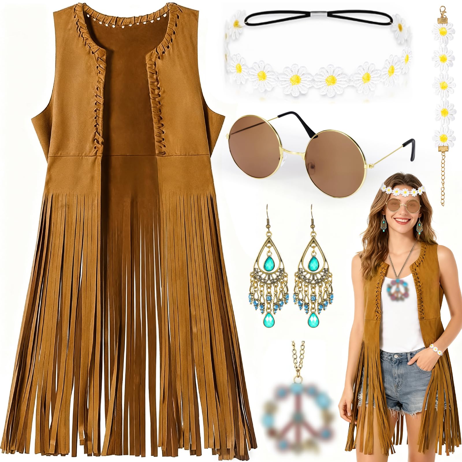 Costume Hippie da Donna,Costume Hippie Anni 60 Anni 70 per Donne,Abbigliamento Hippie,Gilet con Frange con Occhiali,Orecchini,Collana Pace,per Carnevale Halloween Natale Discoteca (L)