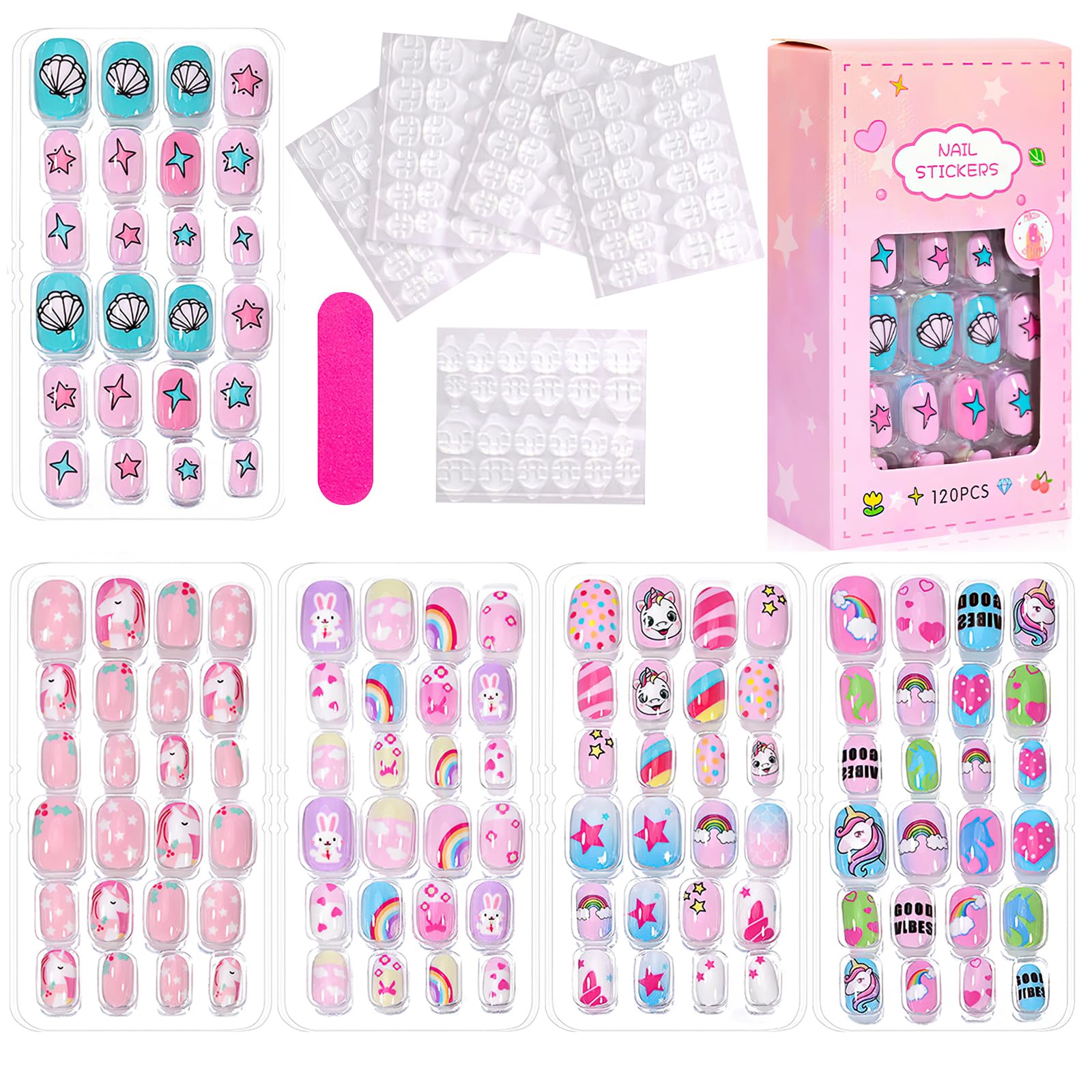 120PCS Stick on Nails False Nails for Girls Cute Pink Fake Nails for Girl Short Press on Nails with Stickers Full Cover Fingernail Lovely Gift for Girls Nails Art Decoration (Style3)