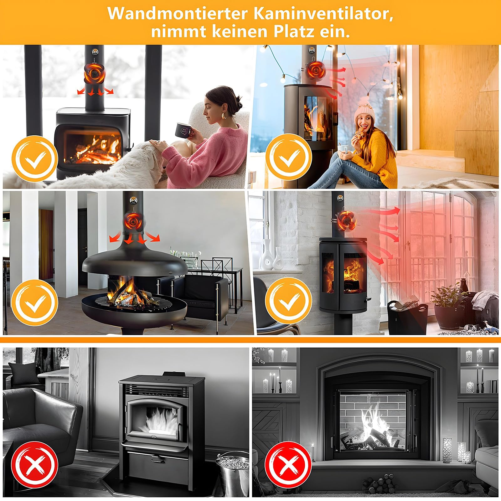 Hanaoyo Ofenventilator Ohne Strom, Kaminventilator mit Thermometer, Kaminlüfter für Holz/Brennholz/Feuerstelle/Ofenrohr, Ofenventilator für Rauchrohr mit 1 Ofenthermometer und 2 Ersatzringen
