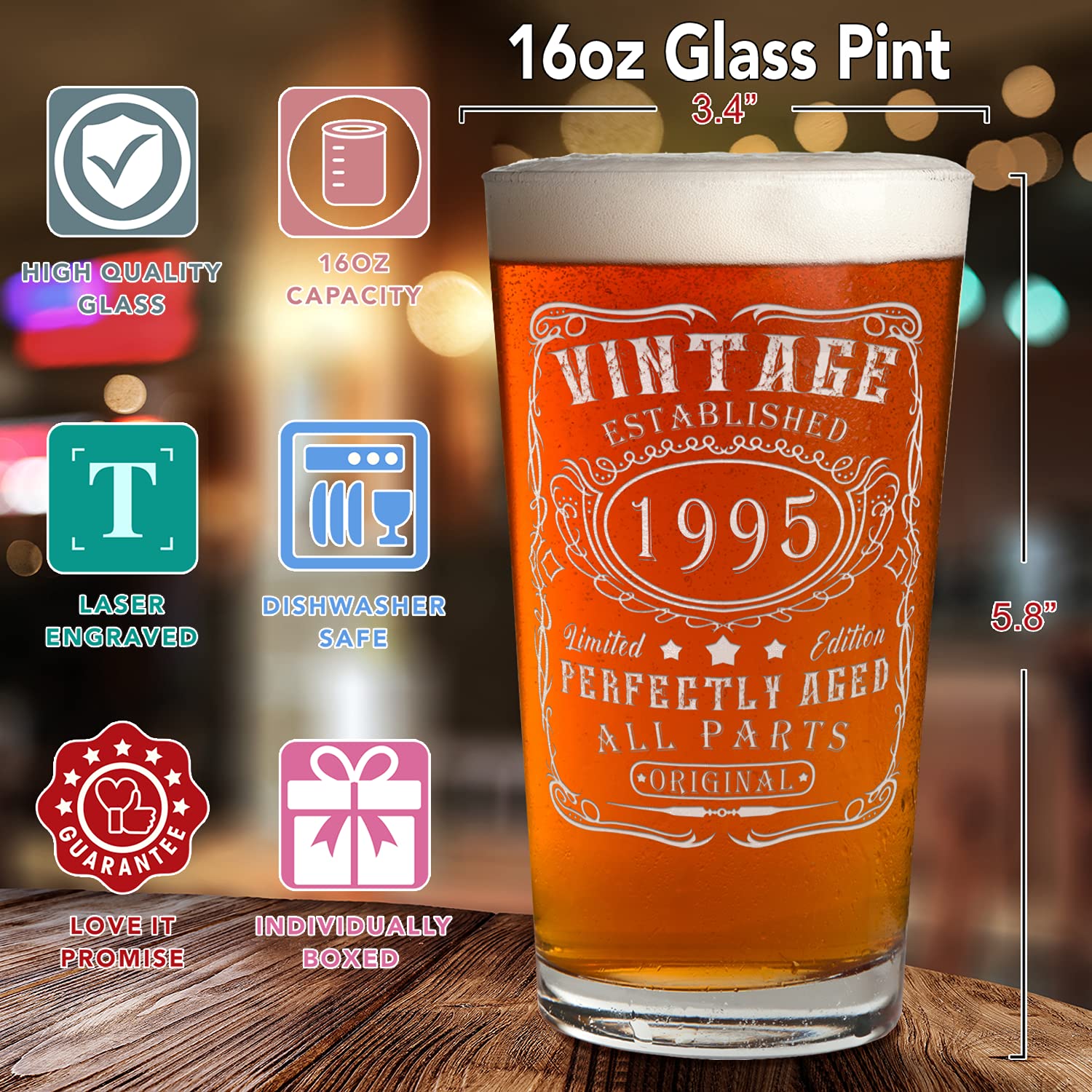 Cuptify 30th Birthday Gift Perfectly Aged 30 Years Old Established 1995 Vintage Etched 16 oz Beer Pint Drinking Glasses For Men