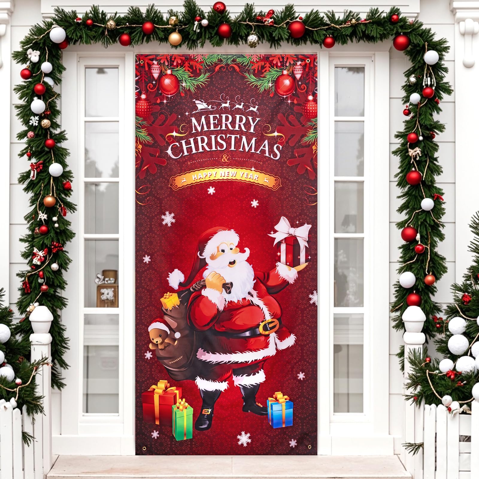MELLIEX Decoracion Puerta Navidad, Divertidos Elfos Navideños y Papá Noel Pancarta Navidad Cubierta Puerta Entrada Navidad para Adornos Vacaciones, 90 x 185cm, 90 x 200 cm