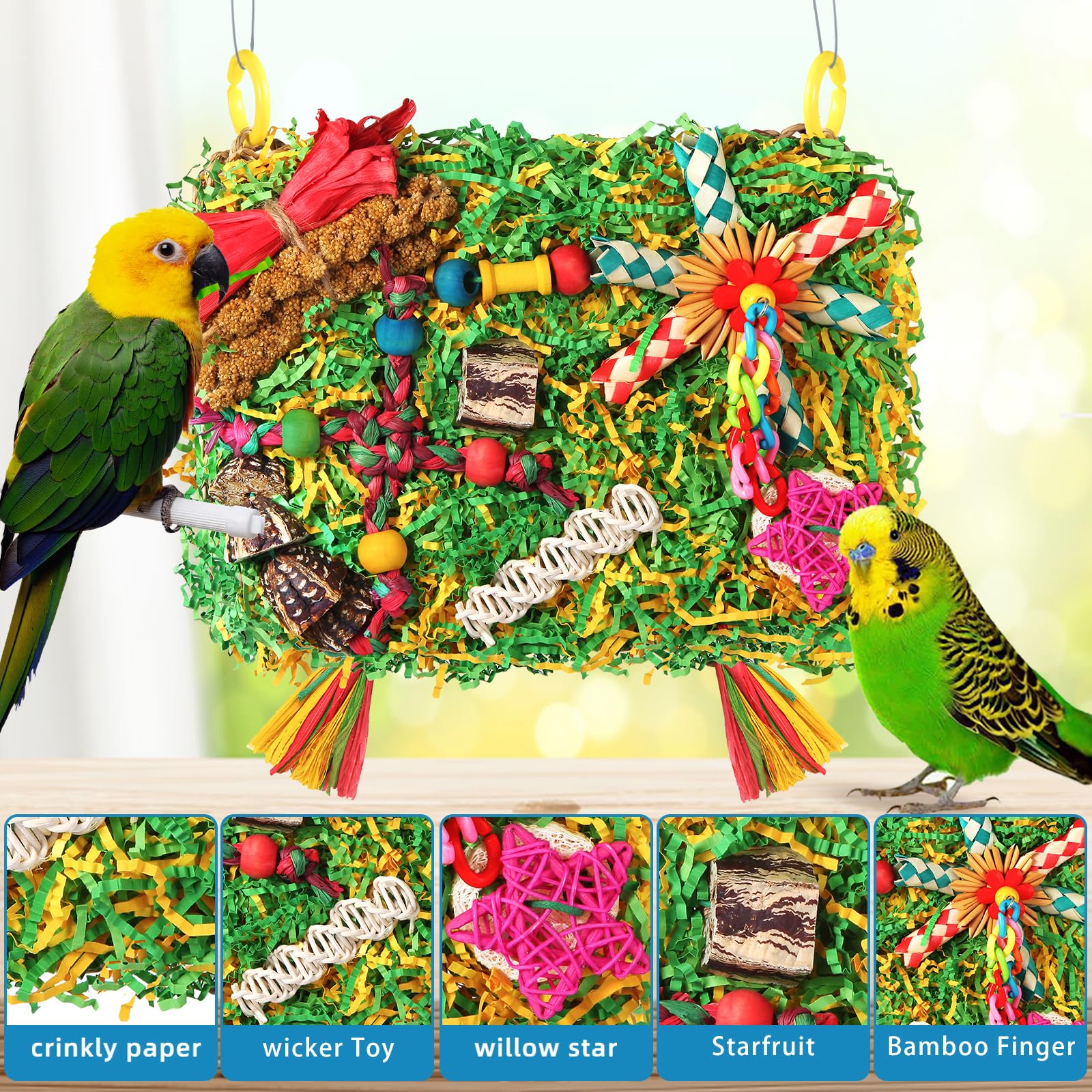 Bird Toys Parakeet Toys,Large-Sized Parrot Foraging & Shredding Cage Hanging Toys with Seagrass Mat for Budgies,Cockatiels,Lovebirds,Conures Small & Medium Parrots (Colorful with Starfruit (1PCS)) - image 4