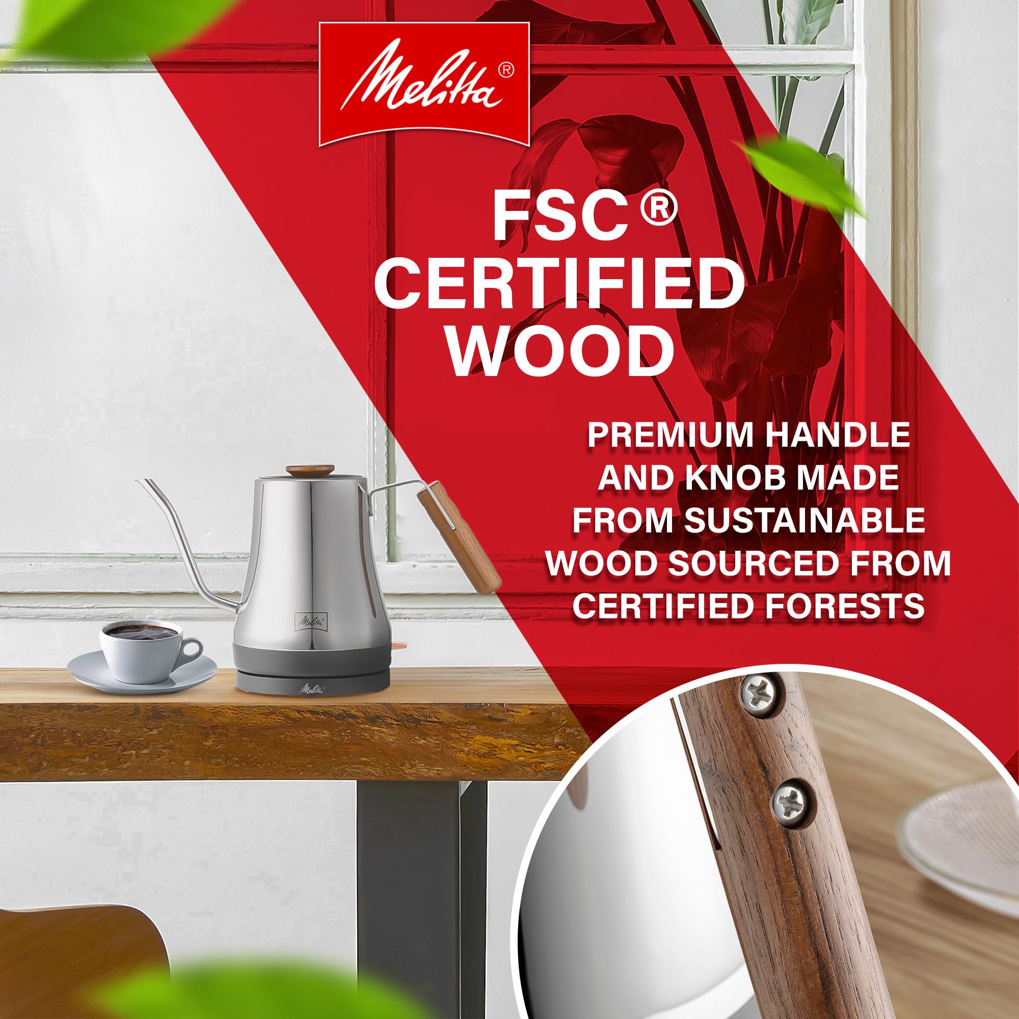 Melitta Precision Pour X Stainless Steel Gooseneck Electric Kettle | Wooden Handle, Wooden Knob, Gooseneck Spout, BPA Free interior, Automatic Shut Off