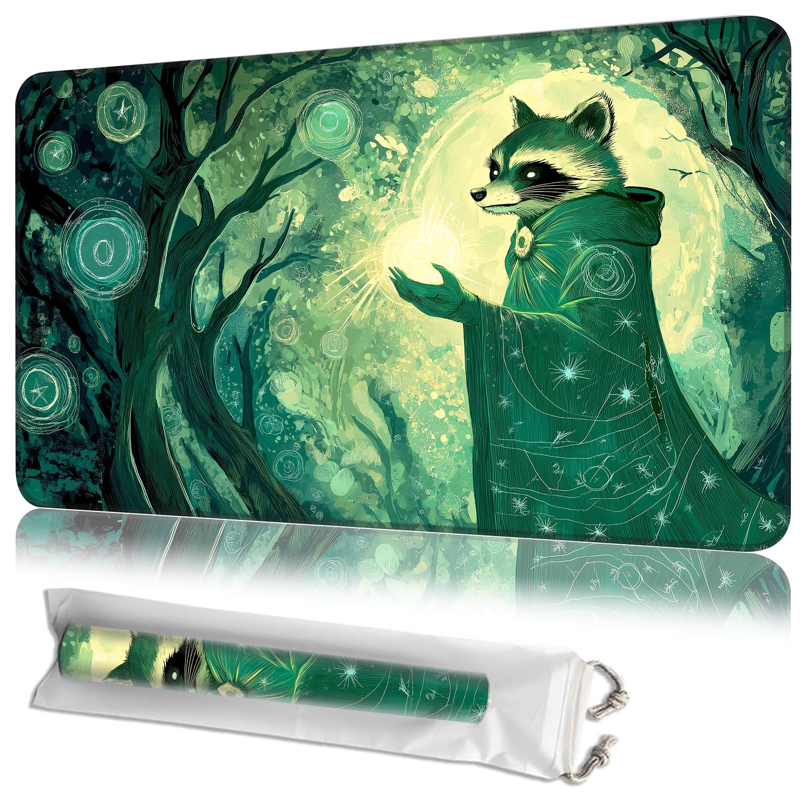 JANENFNA TCG Card Playmat 24" x 14" with Storage Bags for MTG Game Play Mats, Premium Stitched Non-Slip Rubber Tabletop Magic Play Mats Desk Duel Card Breaking Mats, Raccoon Sorcerer