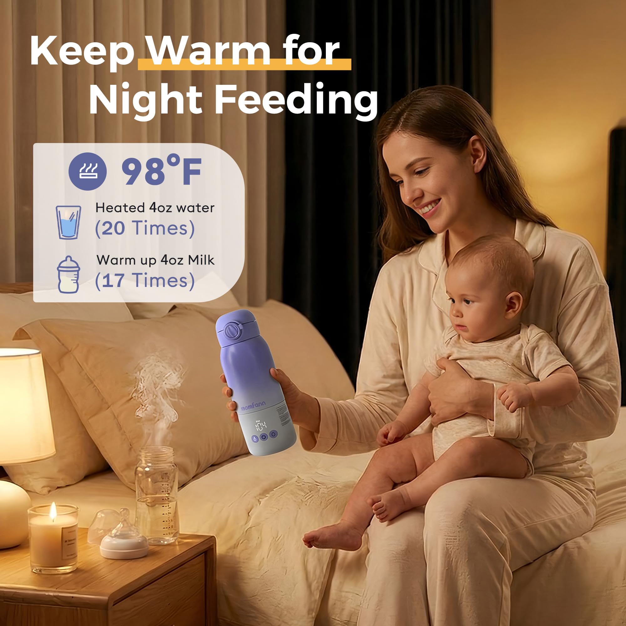 MOMFANN Calentador de botellas portátil para viajes, modos de calefacción duales, control preciso de temperatura de 5 niveles, batería de larga duración, ideal para leche materna, fórmula y agua