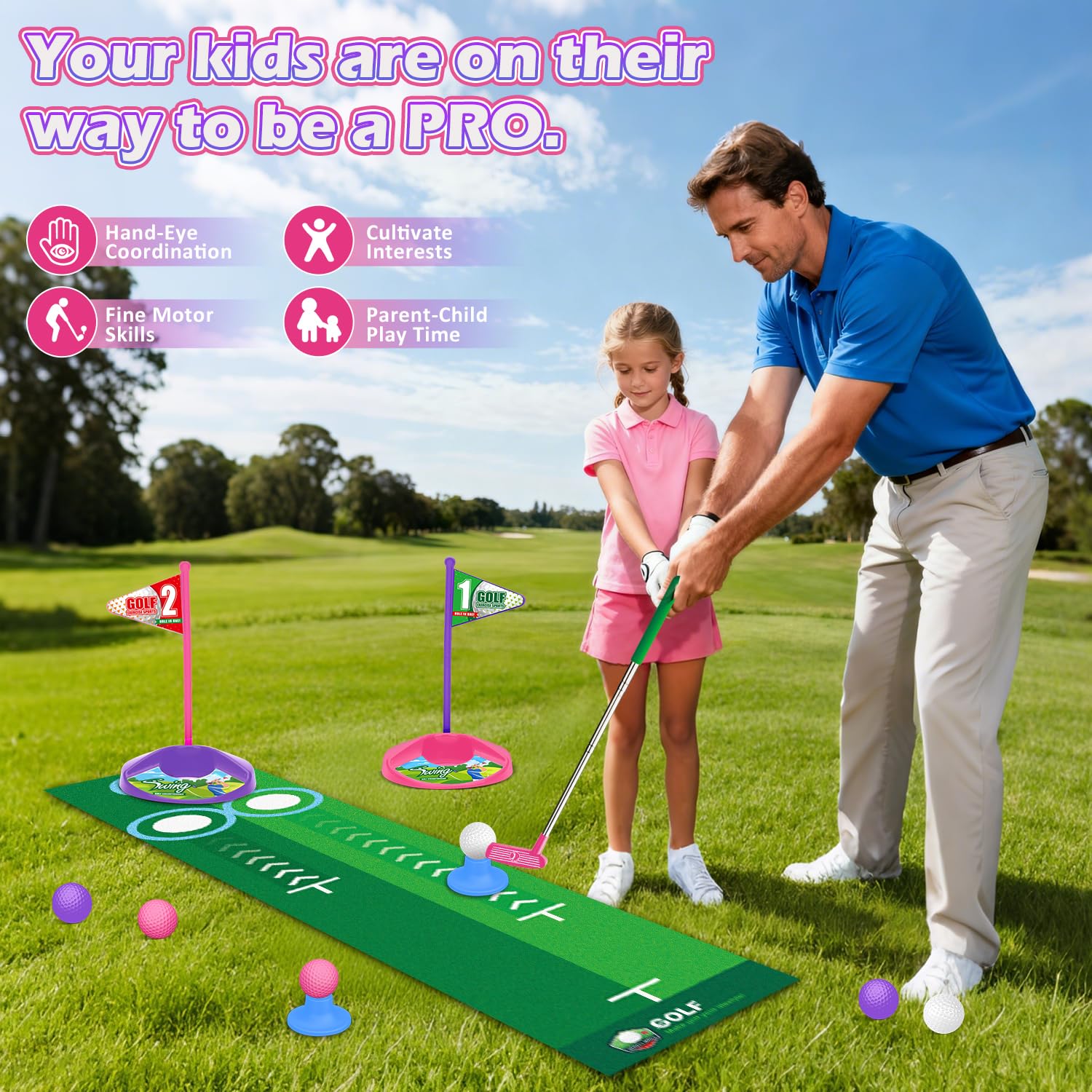 Set de Golf para Niños Devolvedor Automático de Bolas Dinosaurio, Pelotas de Golf Luminosas con LED, 3 Palos, Juegos de Golf para Niñas de 3 a 8 Años, Juguetes Deportivos Interior Exterior (Rosa)
