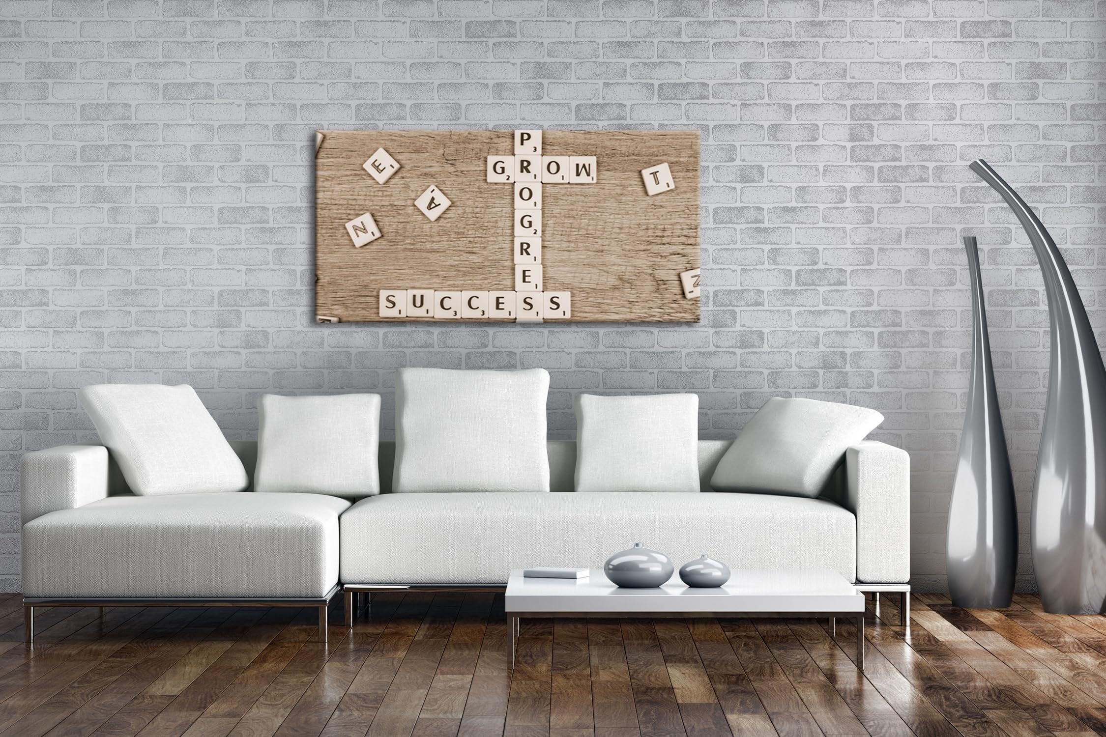 Crecimiento y éxito, como crucigrama de piedras de letras, panorámico, 120 x 60 cm, efecto: sepia XXL, impresión artística sobre marco de madera, lienzo, mural, decoración de salón
