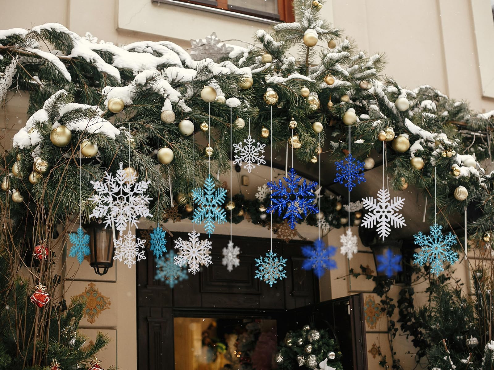 6 Stück 40 cm große Schneeflocken-Dekorationen – riesige hängende Schneeflocken, Kunststoff-Schneeflocken für Innen- und Außenbereich, Weihnachtsdekoration, Veranda- und Baumschmuck (weiß, blau,