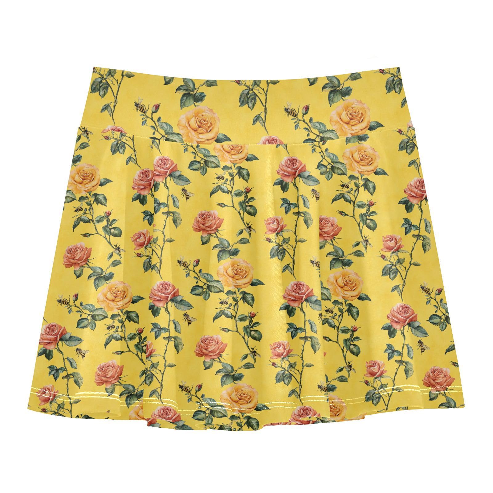 Vintage Rose Floral Girls Skorts with Built in Shorts Flowy Little Girls Golf Skirt Kids Cheer Skirt with Pockets 4-12Y