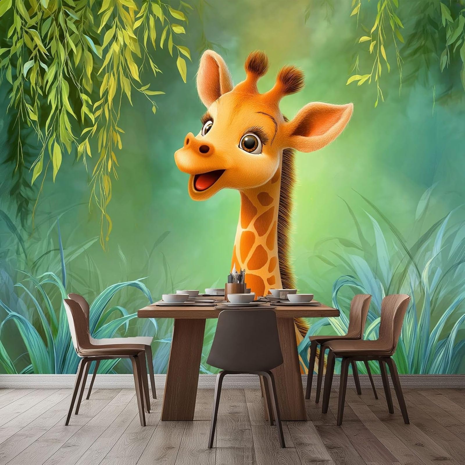 Pdghsdkgjh 3D Mural 3D Photo Wallpaper Cartoon Animals Jungle Giraffe Musical Notes, Non-Woven For Living Room Bedroom Tv Background – Modern Wall Decor Green, 200Cm X 140Cm Stickers - Frameless Painting - Poster