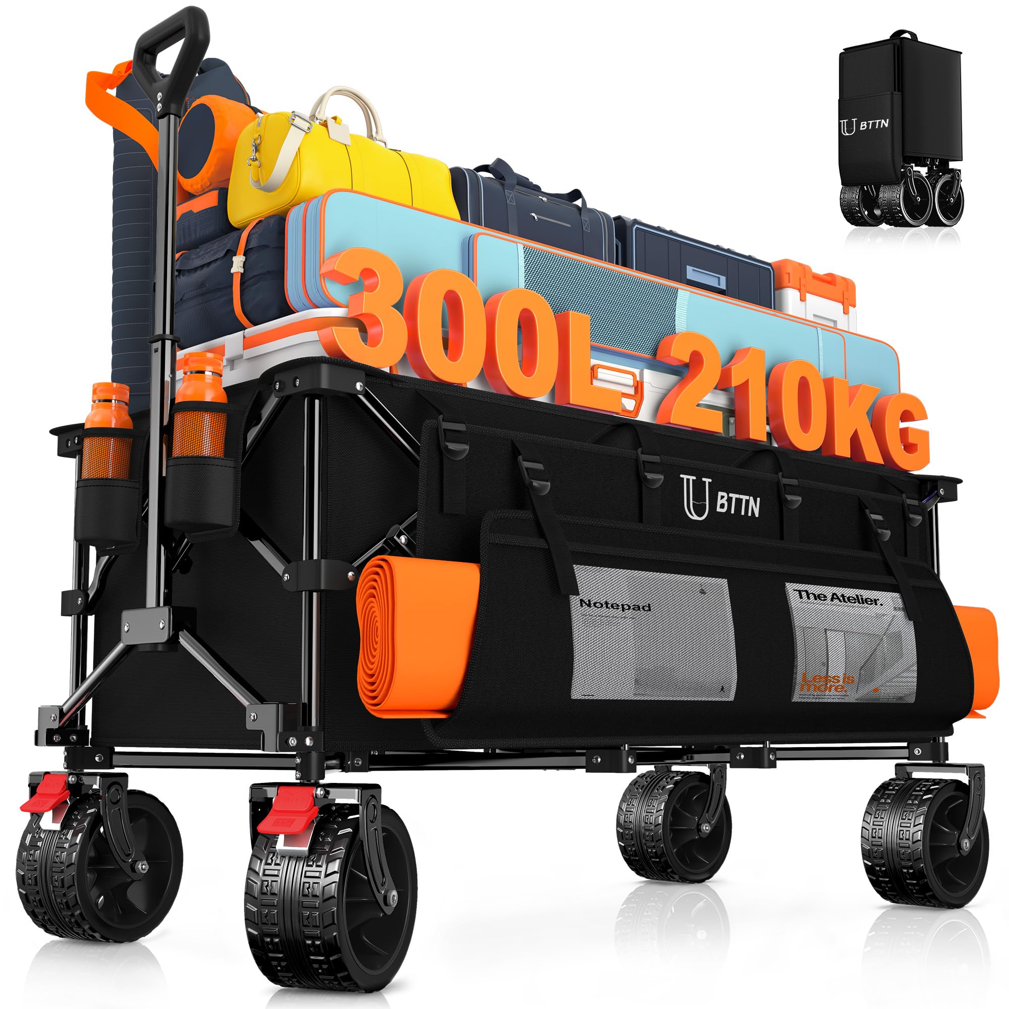 BTTN XXXL Bolderkar, opvouwbaar, 300 l/210 kg draagvermogen, met remmen, 18 x 10 cm brede banden, vouwwagen voor tuin, strand, camping en winkelen, zwart