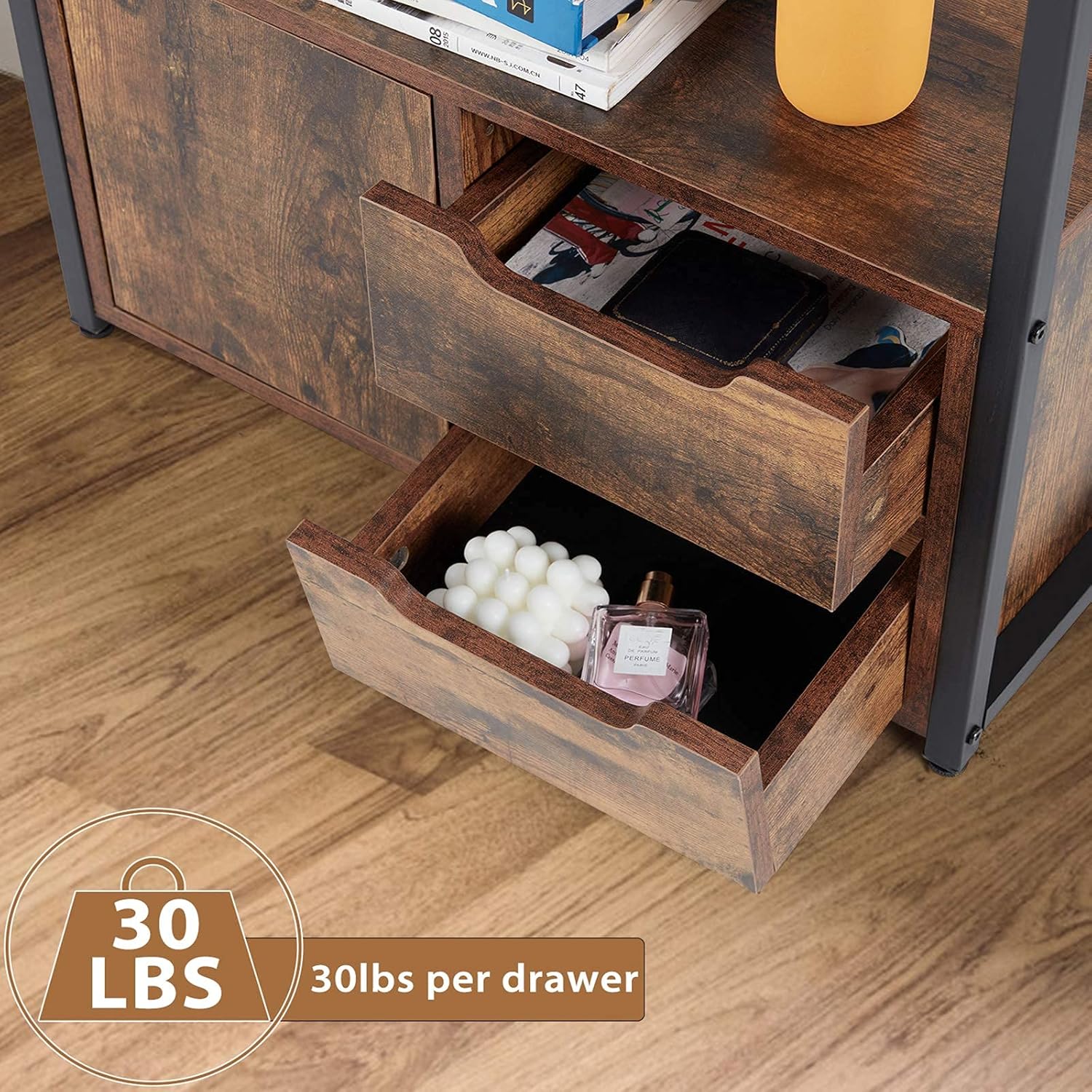 ECOTOUGE Bookcase with 3 Drawers, Wooden Storage Rack Shelves with Open Back, Stable Metal Frame Shelves Organizer, Industrial Style Cabinet for Books, Decorations in Living Room, Office, Brown : Home & Kitchen