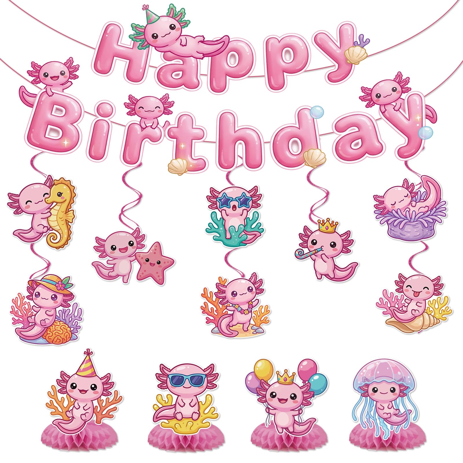 Axolotl Birthday Decorations Party Banners - Pink Cartoon Animals Banner — image 1