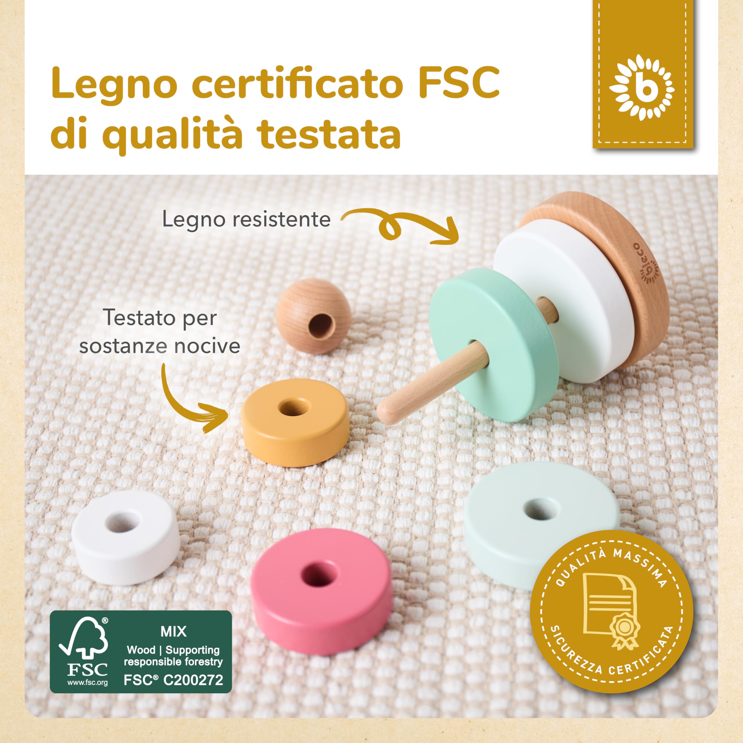 BIECO Torre impilabile Baby Berry | Legno sostenibile FSC® | 19 cm | Gioco a incastro da 1 anno di anelli impilabili in legno per bambini