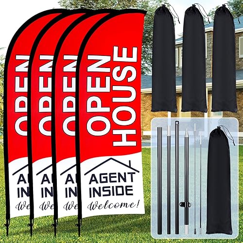 Buryeah Paquete de 4 banderas de puertas abiertas para agentes inmobiliarios de 7 x 5.4 pies, letrero de bandera de plumas con asta de bandera,