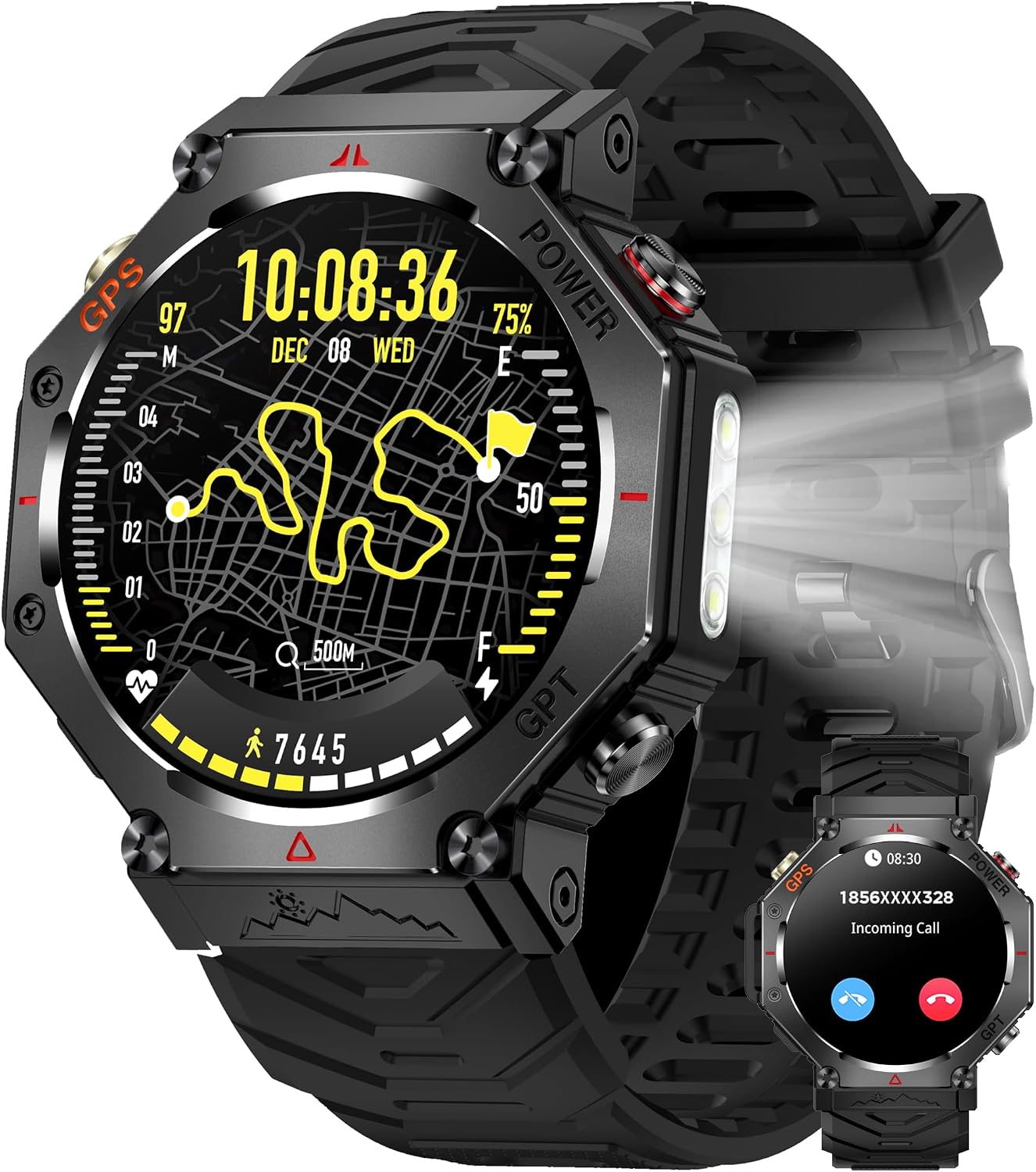 GPS Smart Watches for Men Military Altimeter Barometer Compass Bluetooth Calls Sports Modes Flashlight Smart Watch Heart Rate Sleep Monitor Message Reminder