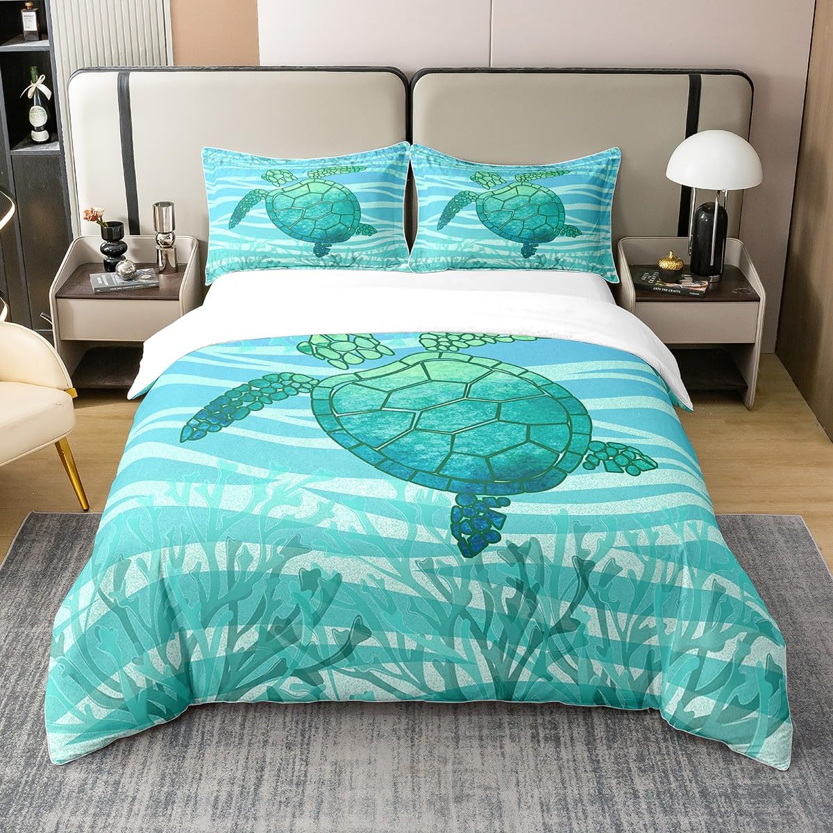 100% Baumwolle Ozean Bettwäsche Sets 135x200 Sea Turtle Tröster Abdeckung für Kinder Kleinkind,Aqua Schildkröte Bett Set Marine Tier Bettbezug,Teal Zebra Quilt Cover,Coral Dekor Cozy