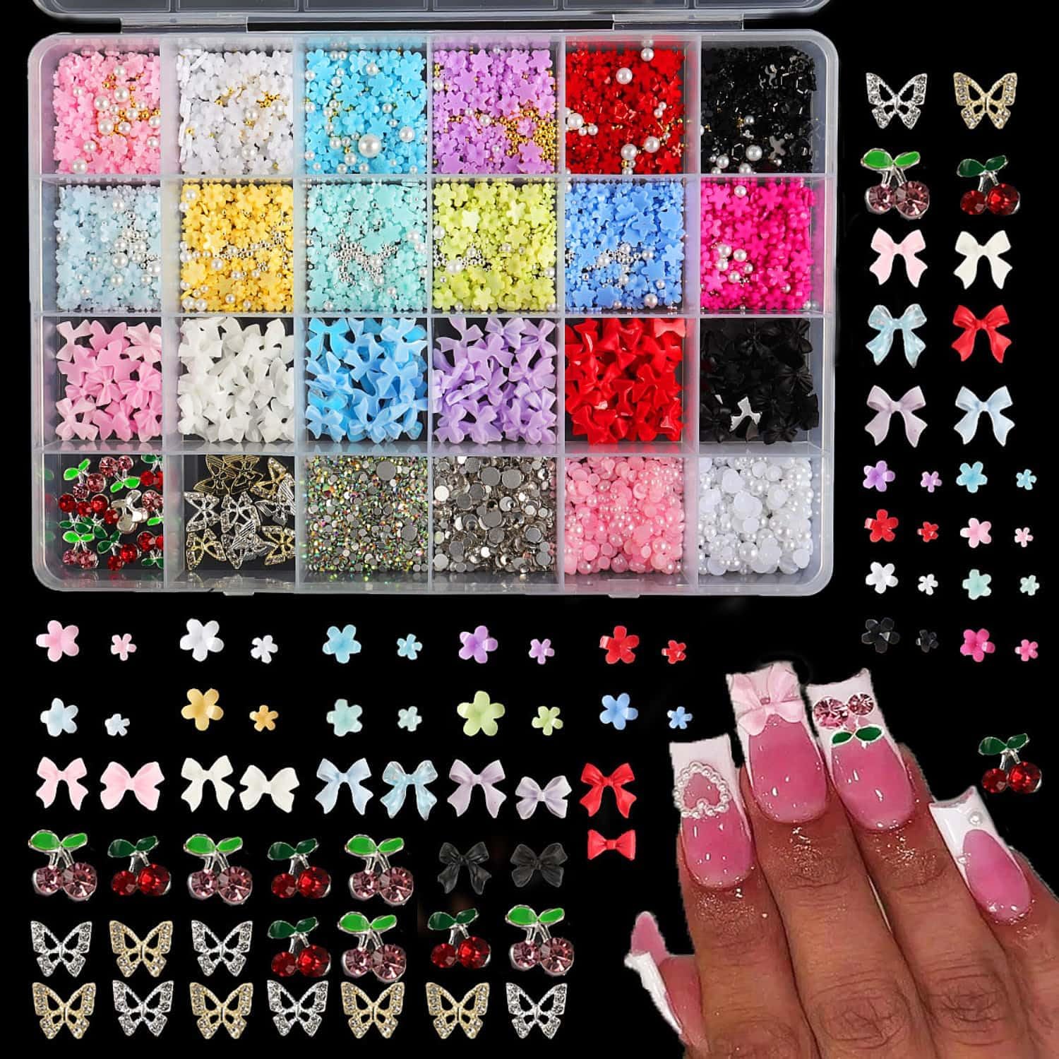 3200PCS 3D Nail Charms Set – Bulk Bow Nail & Flower Nail Charm, Flatback Pearls, Shiny Nail Jewels Gems for DIY Nail Art Decoration with Pickup Tools