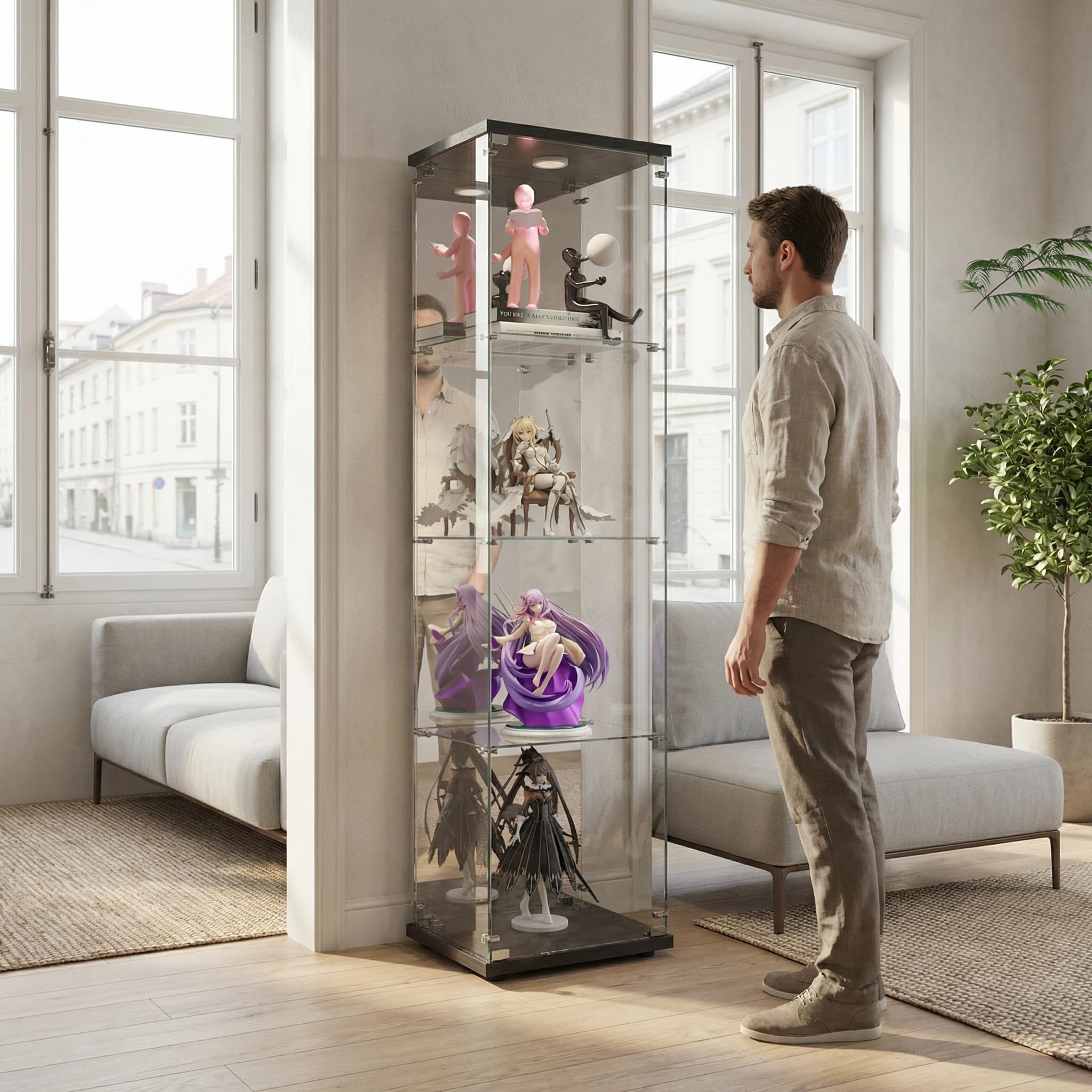 Vetrina Espositiva con LED,Vetrina in Vetro con Serratura,4 Ripiani,Vetro Specchio,Glass Display Cabinet,Vetrina Espositiva per Collezionismo,Per Camera da Letto,Soggiorno e Ufficio, Nero