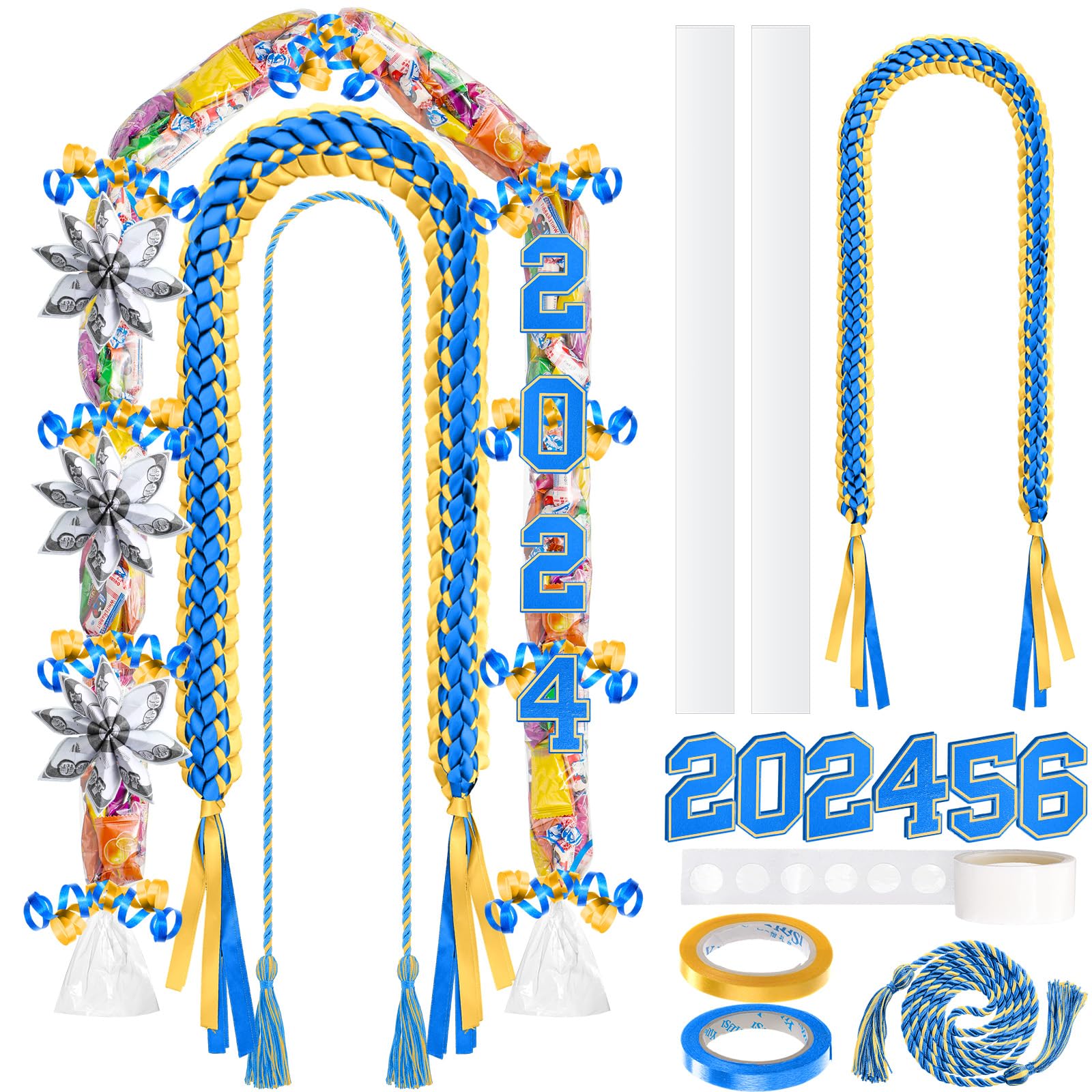 13 Pcs Graduation Leis Graduation Candy Lei Kit Class of 2024 with 48 Inch Braided Ribbon 4.92ft PE Bag for Grad Party