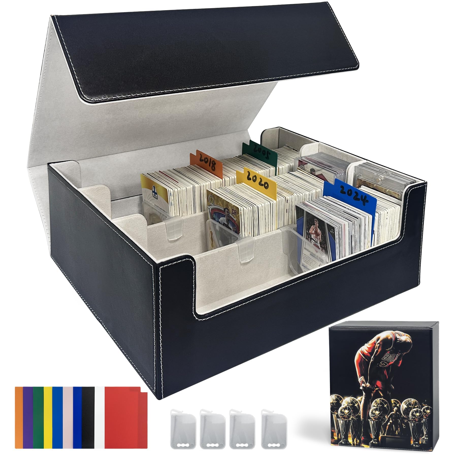 Basketball Card Deck Box for Trading Cards with 4 Supporters,1800+ TCG Storage Box with 10 Colorful Dividers,Waterproof Magnetic Closure Card Deck Case Fit Magic Commander TCG Basketball Cards
