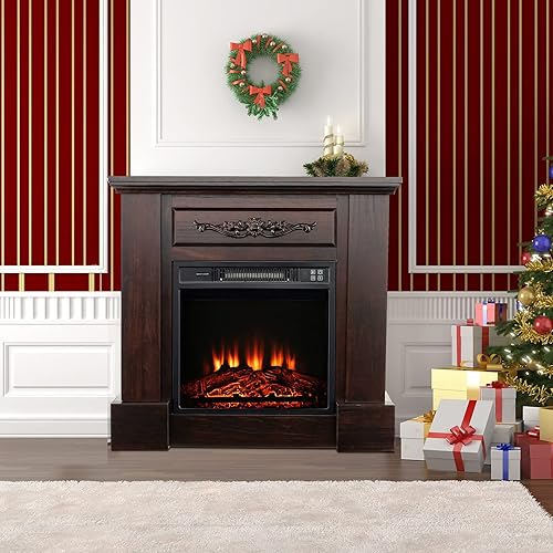 Miniatura 3 de Tangkula Chimenea eléctrica de 32 pulgadas con chimenea, calentador de chimenea independiente con llama realista y ajustable 3D, control remoto,