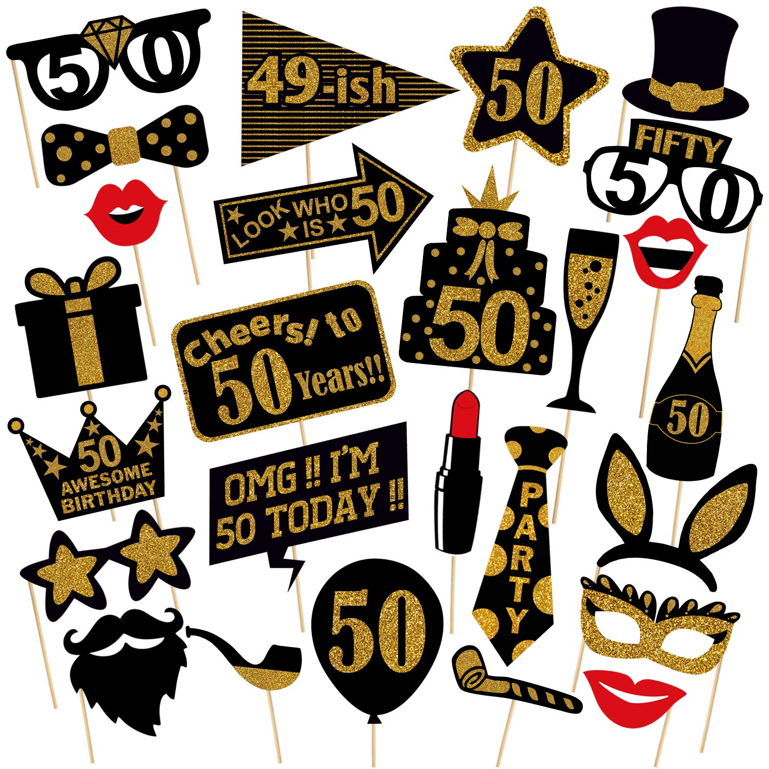 Zyozique Adult 50th Birthday Photo Booth Props (26Pcs) for Her Him Cheers to 50 Years Birthday Party, Gold and Black Decorations,50th Happy Birthday Party Supplies for Men Women-image-11