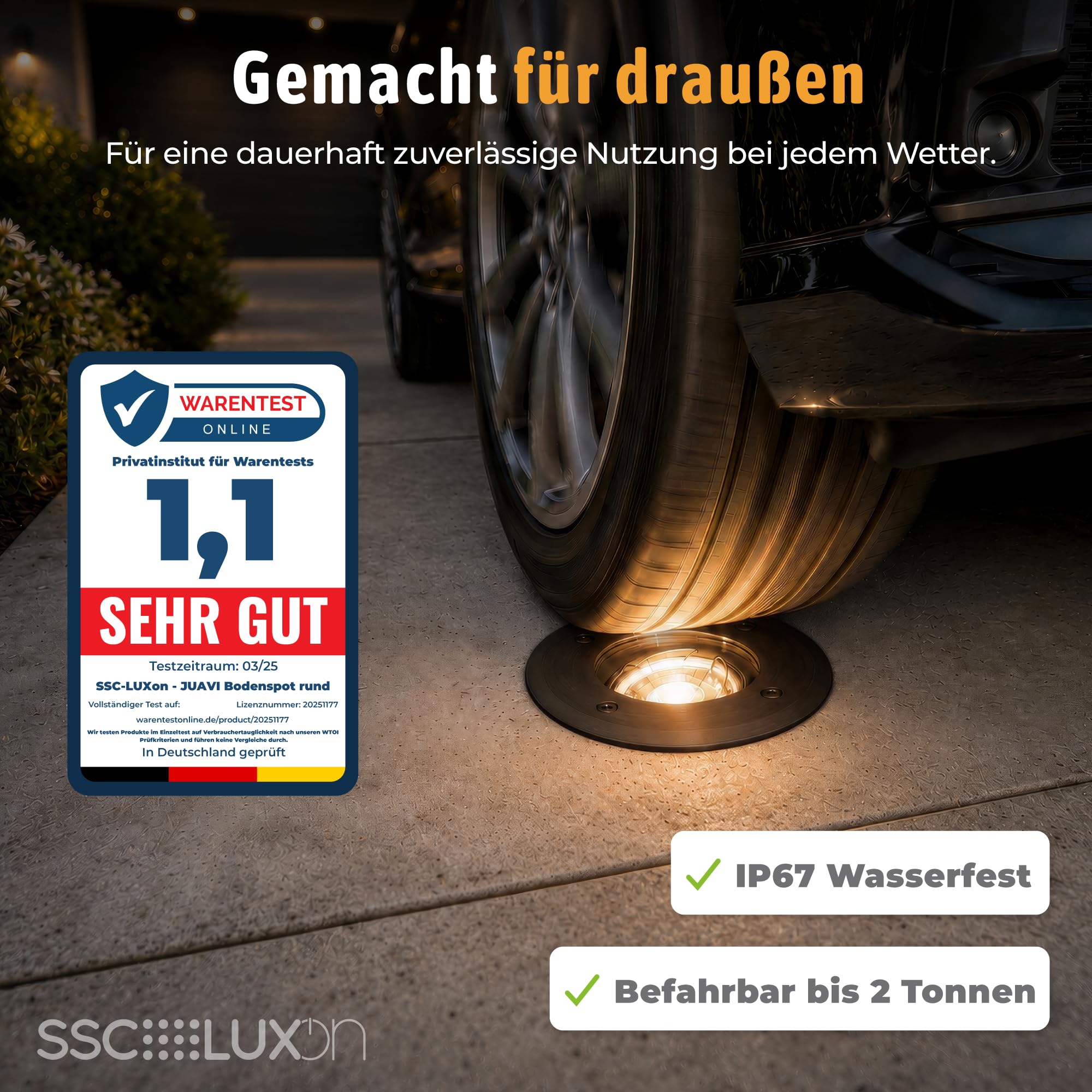 SSC-LUXon JUAVI Bodeneinbauleuchte 3er Set rund IP67 GU10 7W neutralweiß | Drei befahrbare Bodenstrahler bis 2000kg - schwenkbar & dimmbar, neutralweiß, für Garten & Wege, IP67, inkl. GU10 LED