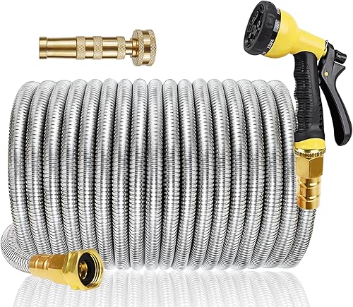 Manguera de jardĂn de metal 304, manguera de agua de acero inoxidable resistente con boquilla de metal y rociador de 8 funciones, manguera de patio Manguera de jardĂn de metal 304, manguera de agua de acero inoxidable resistente con boquilla de metal y rociador de 8 funciones, manguera de patio
