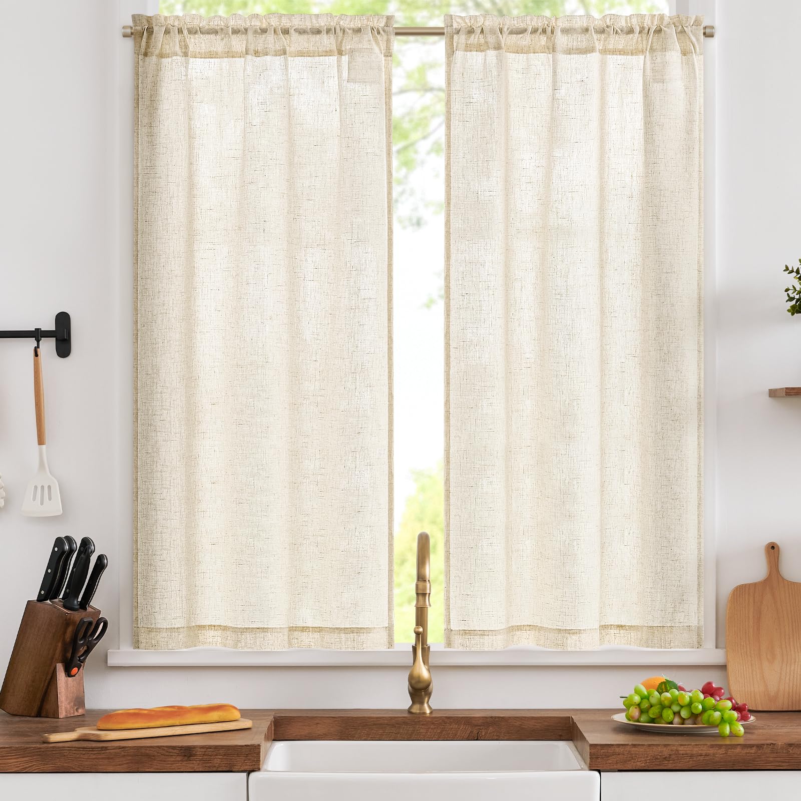 TOPICK Crude Semi-Sheer Kitchen Curtains, Cafe Curtains W26 xL54, 2 Panels