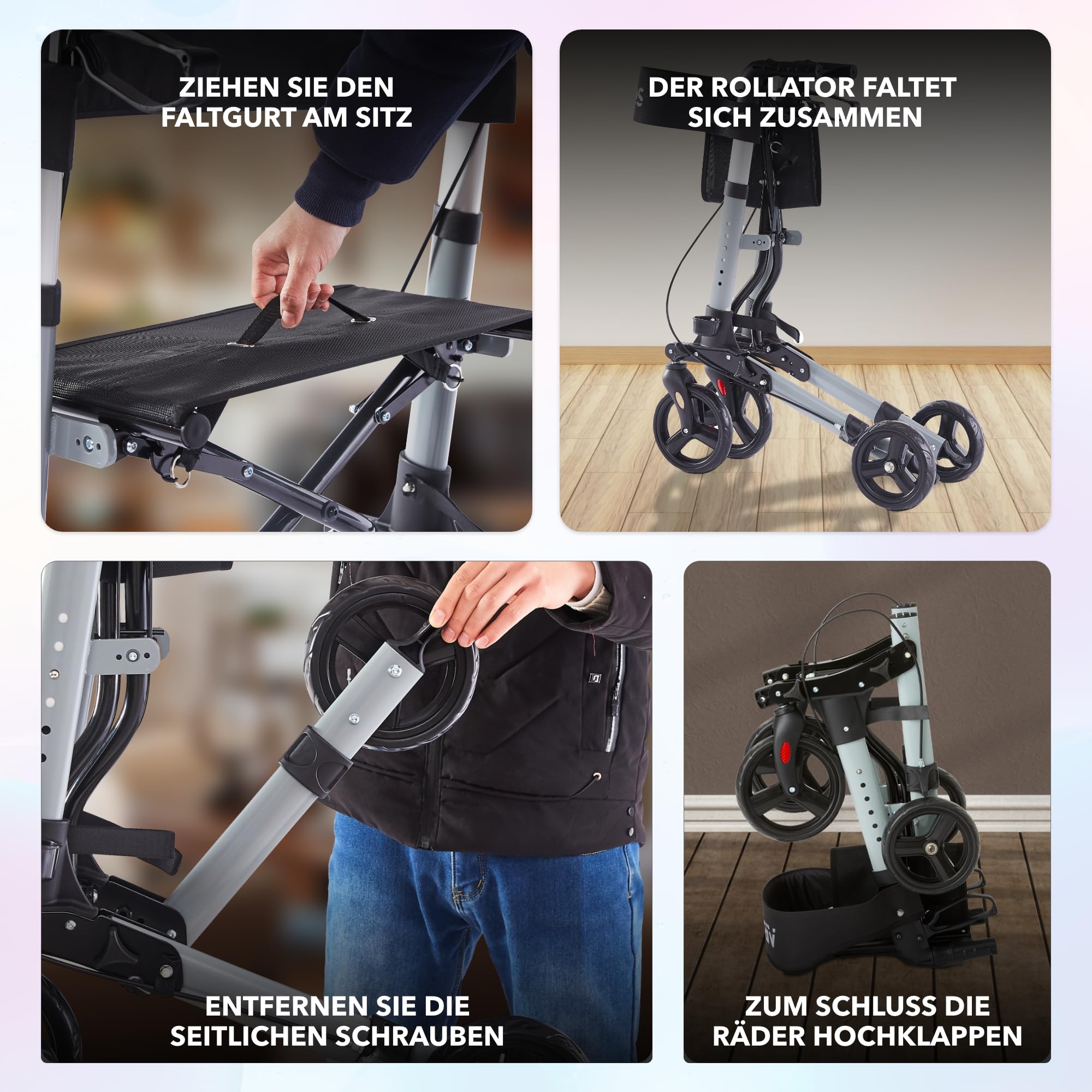 Arebos Leichtgewicht Rollator Aluminium | Reiserollator 6-fach höhenverstellbar | Faltbar | Inkl.Stockhalter und abnehmbare Einkaufstasche | Gehwagen Laufhilfe Gehhilfe mit Feststellfunktion | Schwarz