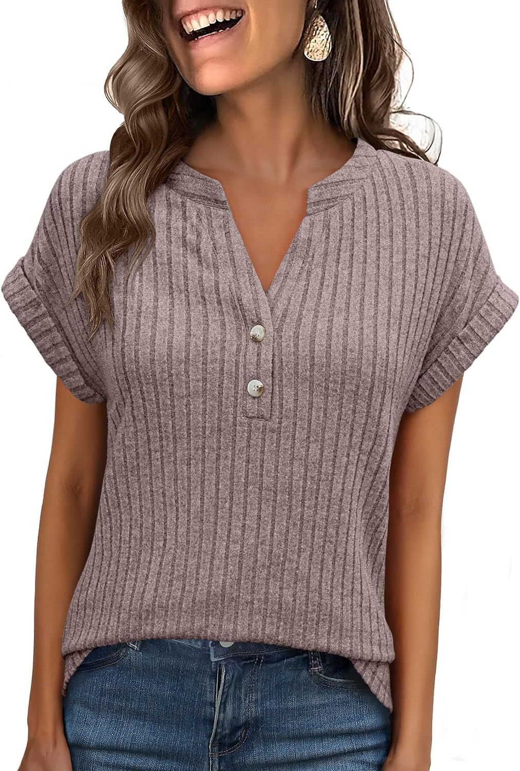 ANRABESS Womens Short Sleeve Henley Shirts V Neck Summer Sweaters 2026 Spring Business Tunic Tops Dressy Casual Work Blouses
