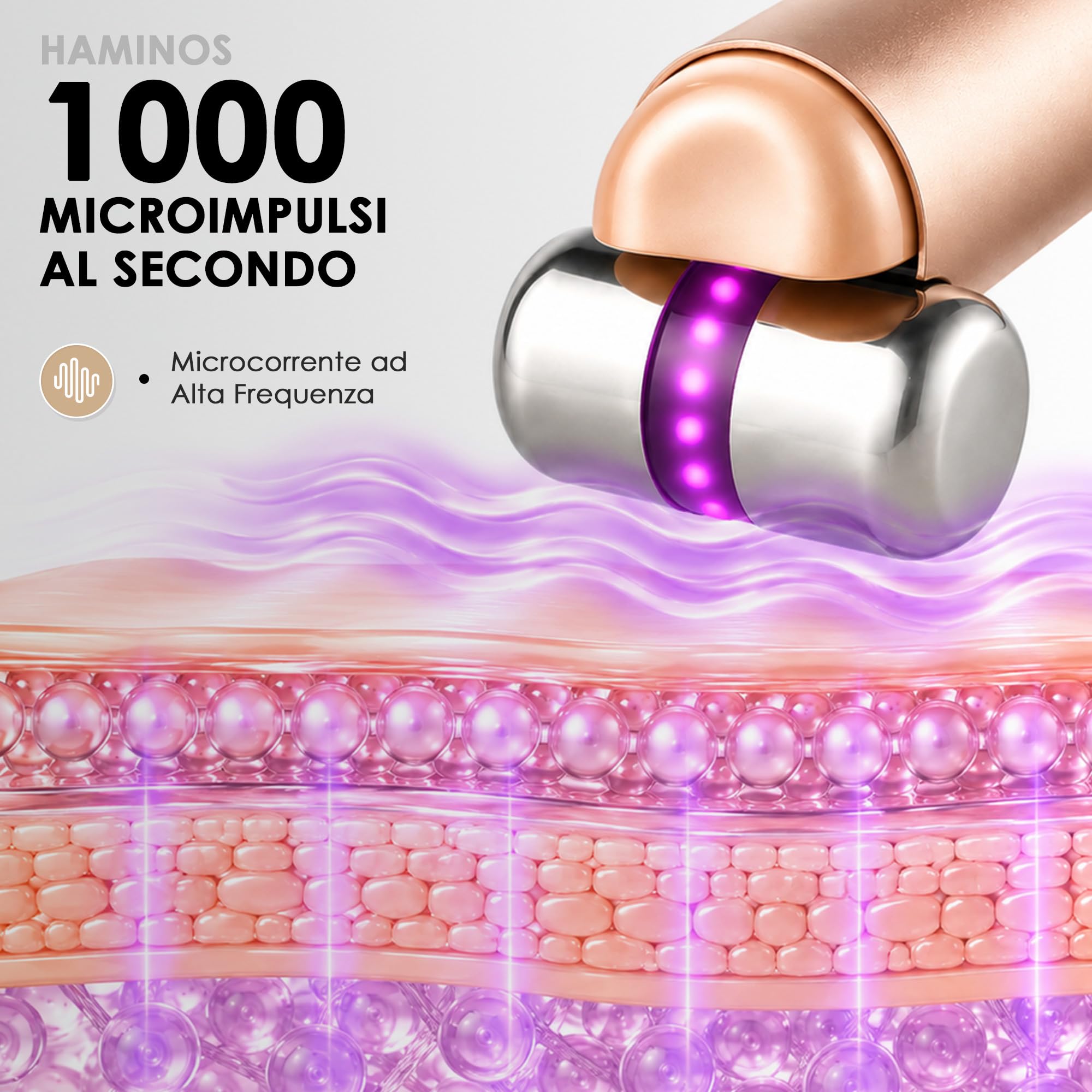 HAMINOS Dispositivo Viso con Microcorrente EMS e Infusione di Siero, Massaggiatore Viso con Luce Rossa, Blu e Viola, 3 Intensità, Beauty Tool Ricaricabile USB-C