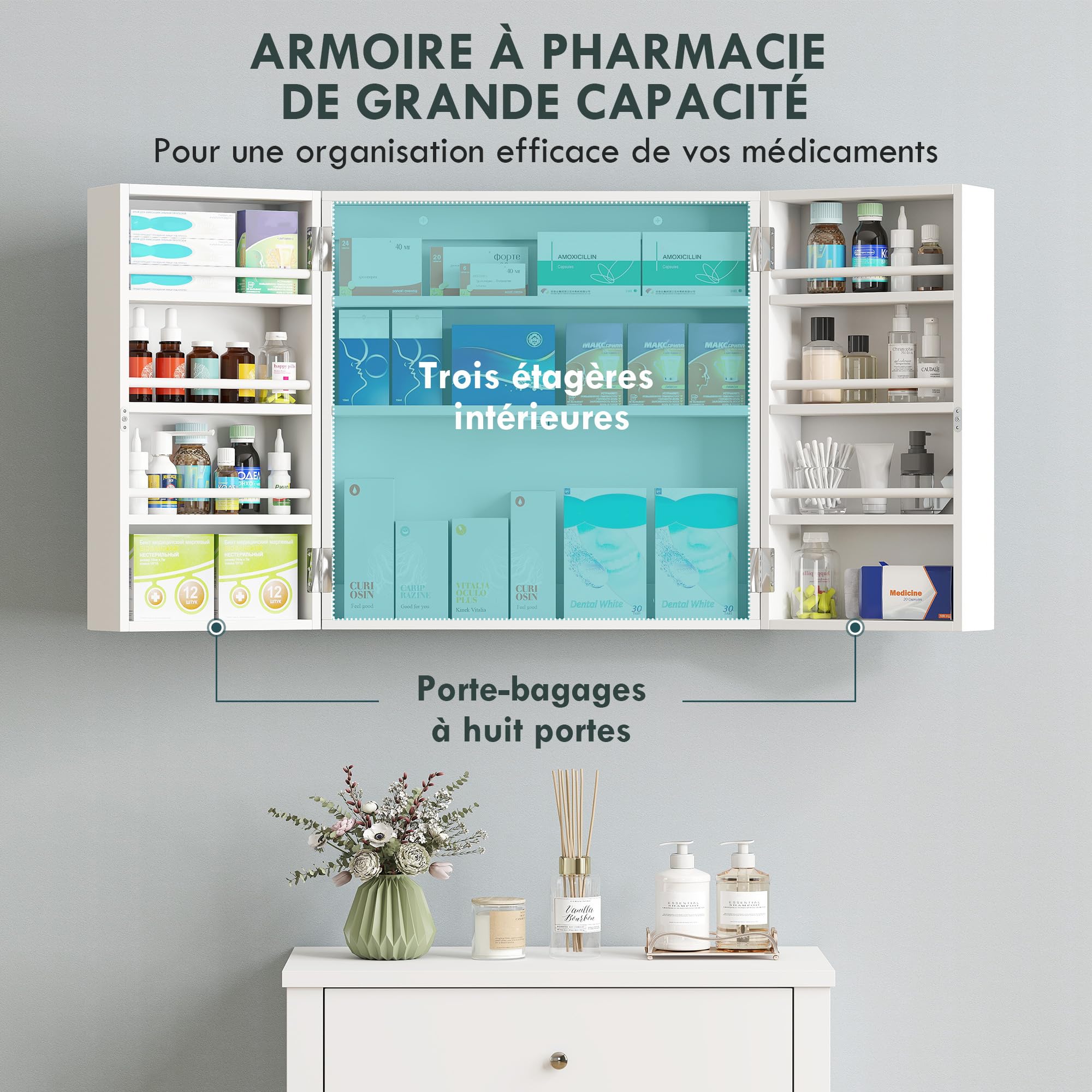 HOMCOM Armoire à Pharmacie Murale, Armoire à médicaments Murale à 4 étagères avec Double Porte verrouillable 2 clés, Meuble de Salle de Bain, Couloir, Salon, 53 x 20 x 53 cm, Blanc