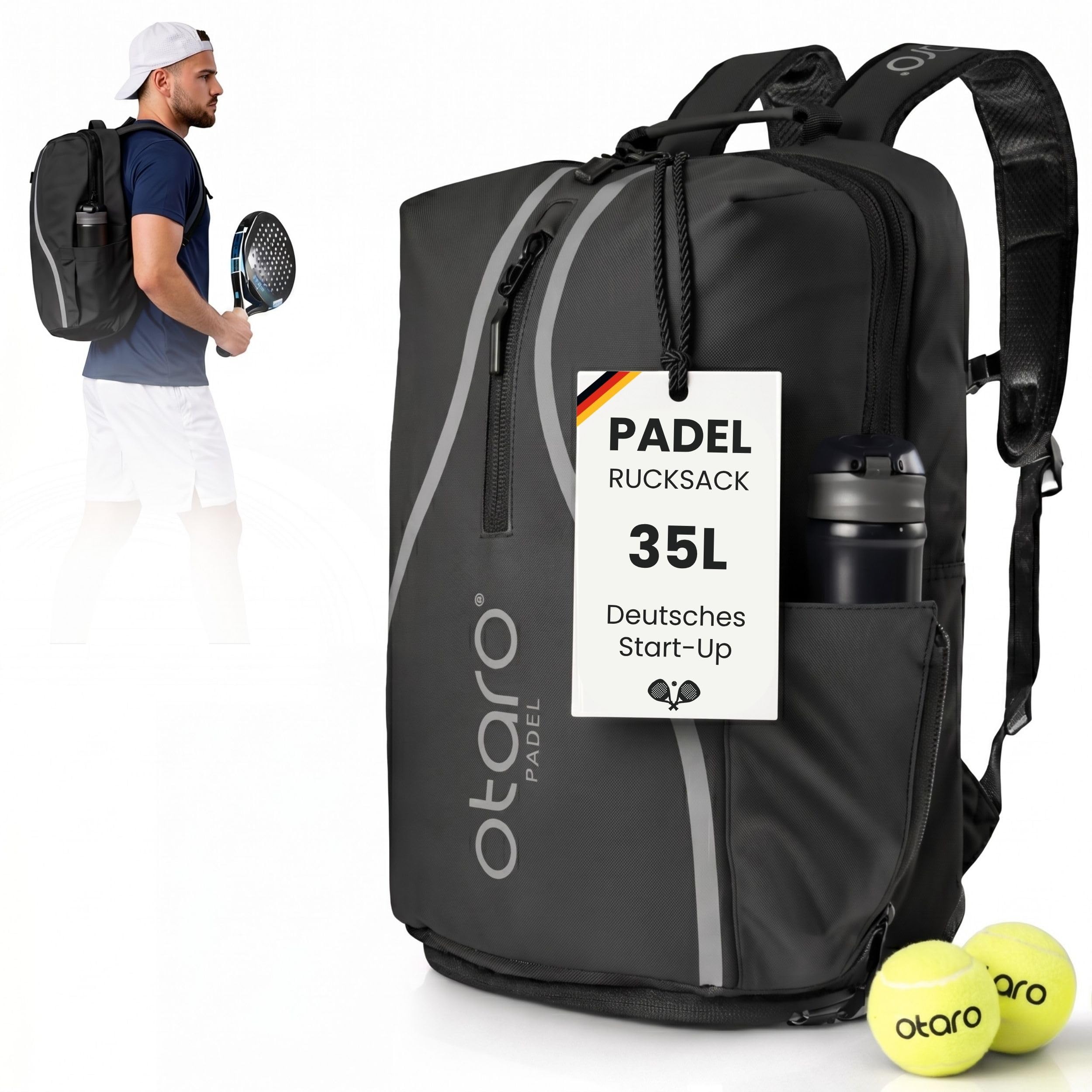Otaro Padel Rucksack mit Schuhfach, Schlägerfach & Laptopfach | 35L | Padel Tasche für 2 Schläger, Kleidung & Zubehör | Belüftet, Gepolstert & Stylisch | Tennistasche für Herren & Damen