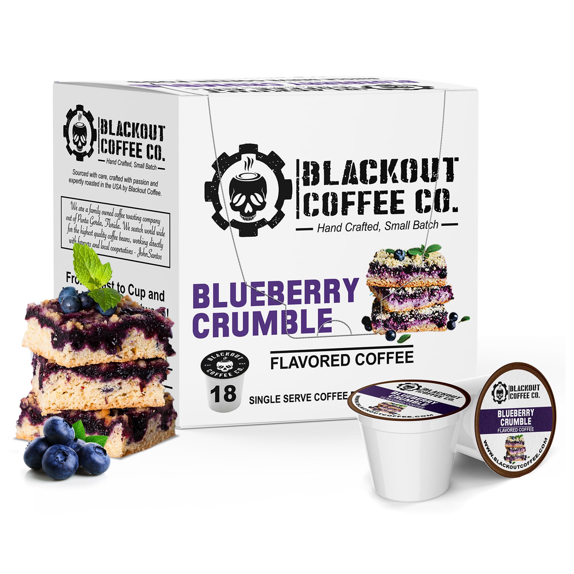 Blackout Coffee Blueberry Crumble Flavored Coffee Pods – Medium Roast, Smooth Taste, Guilt-Free Indulgence – Freshly Roasted 18 Count