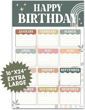 BEAWART Classroom Birthday Chart, 16x24 Modern Boho Reusable Poster | Calendar for Student Teacher Kids, Back To School Bulletin Board Decoration Homeschool Kindergarten, Shipped in Tube