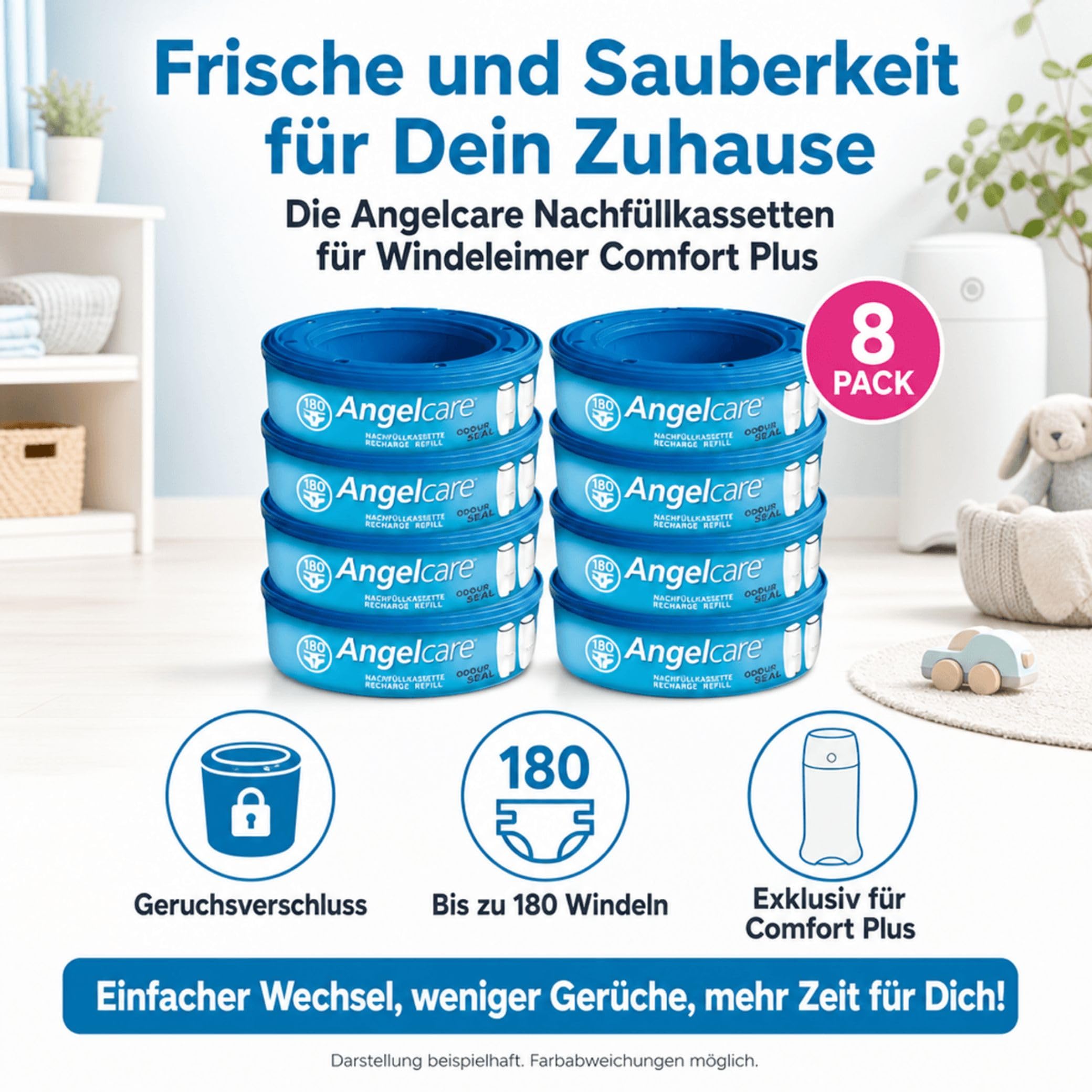 Angelcare 8er-Pack Original Nachfüllkassetten für Angelcare Windeleimer Comfort Plus