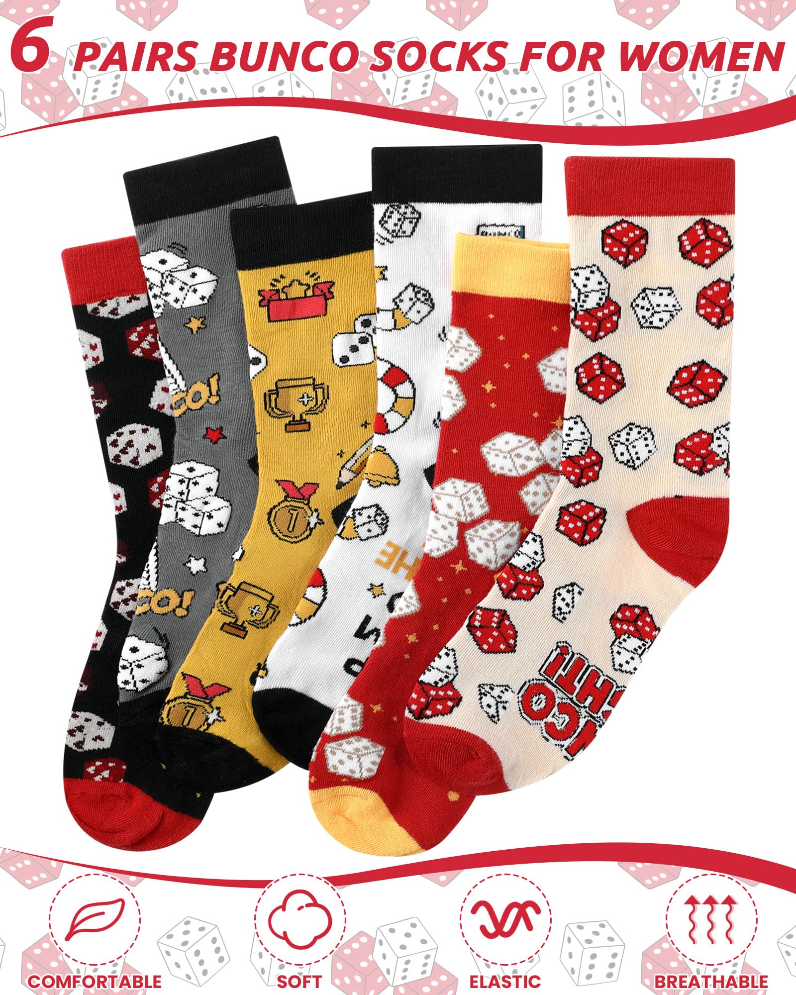 Glitopper 6 Pairs Funny Bunco Socks for Women Novelty Bunco Gifts Dice Crew Socks for Players Mom Friends Dice Game Night Party Gifts